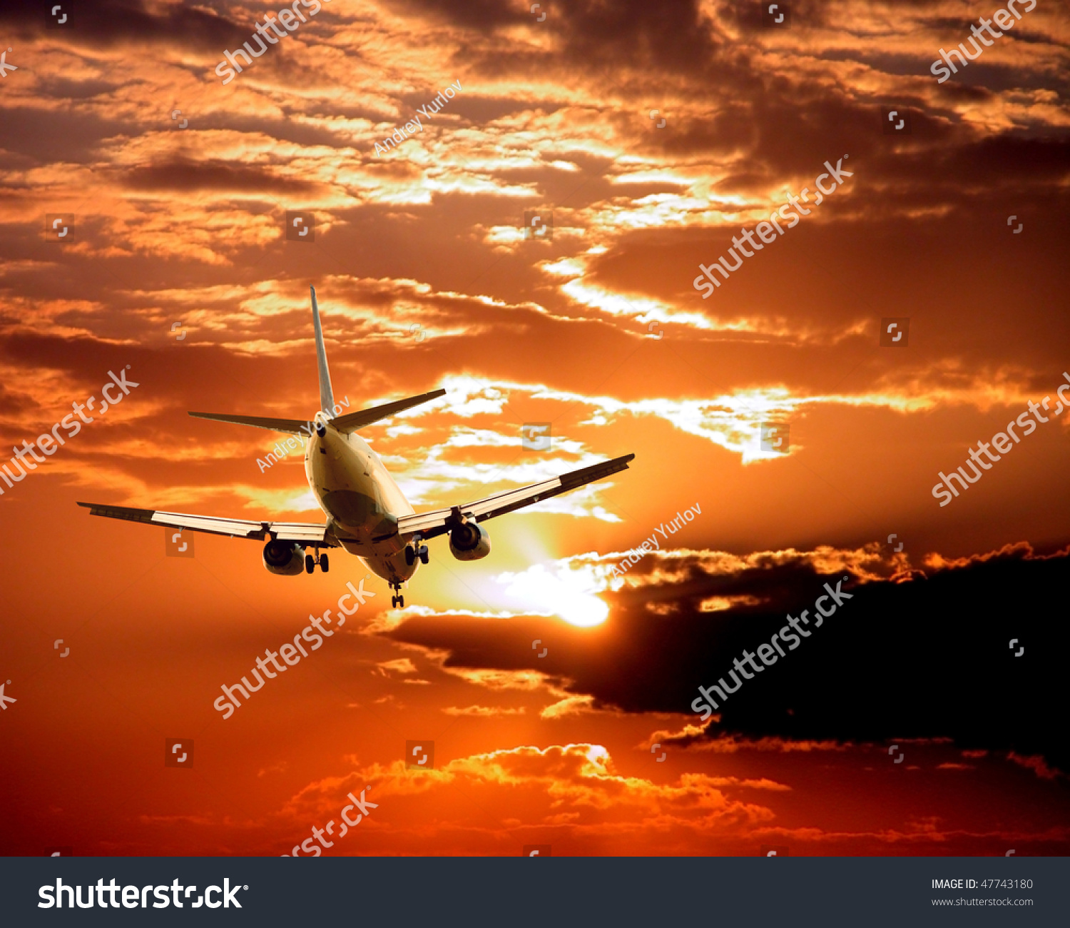 Airplane On Sunset Sky Stock Photo 47743180 : Shutterstock