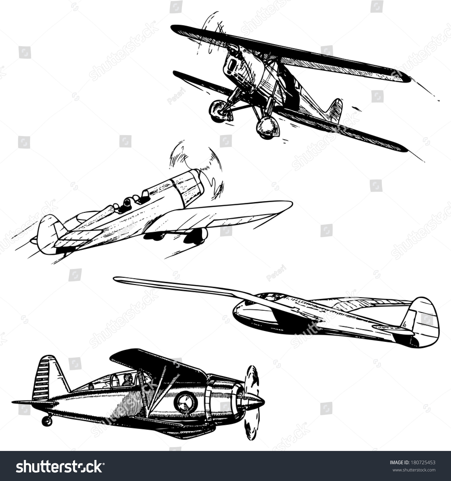 Airplanes Set. Vintage Style Illustration. Historical Aircrafts ...
