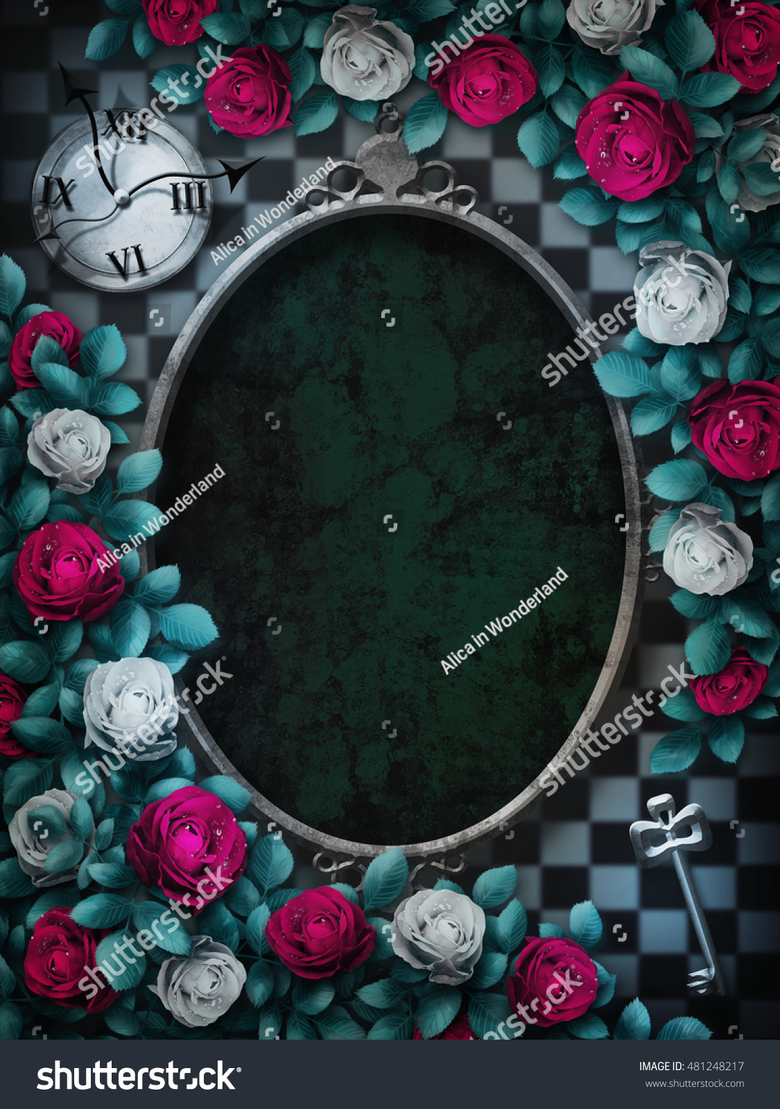 不思議の国のアリス チェスの背景に赤いバラと白いバラ 時計と鍵 バラの花の枠 楕円枠不思議の国の背景 ワンダーランドの壁紙 イラスト のイラスト素材