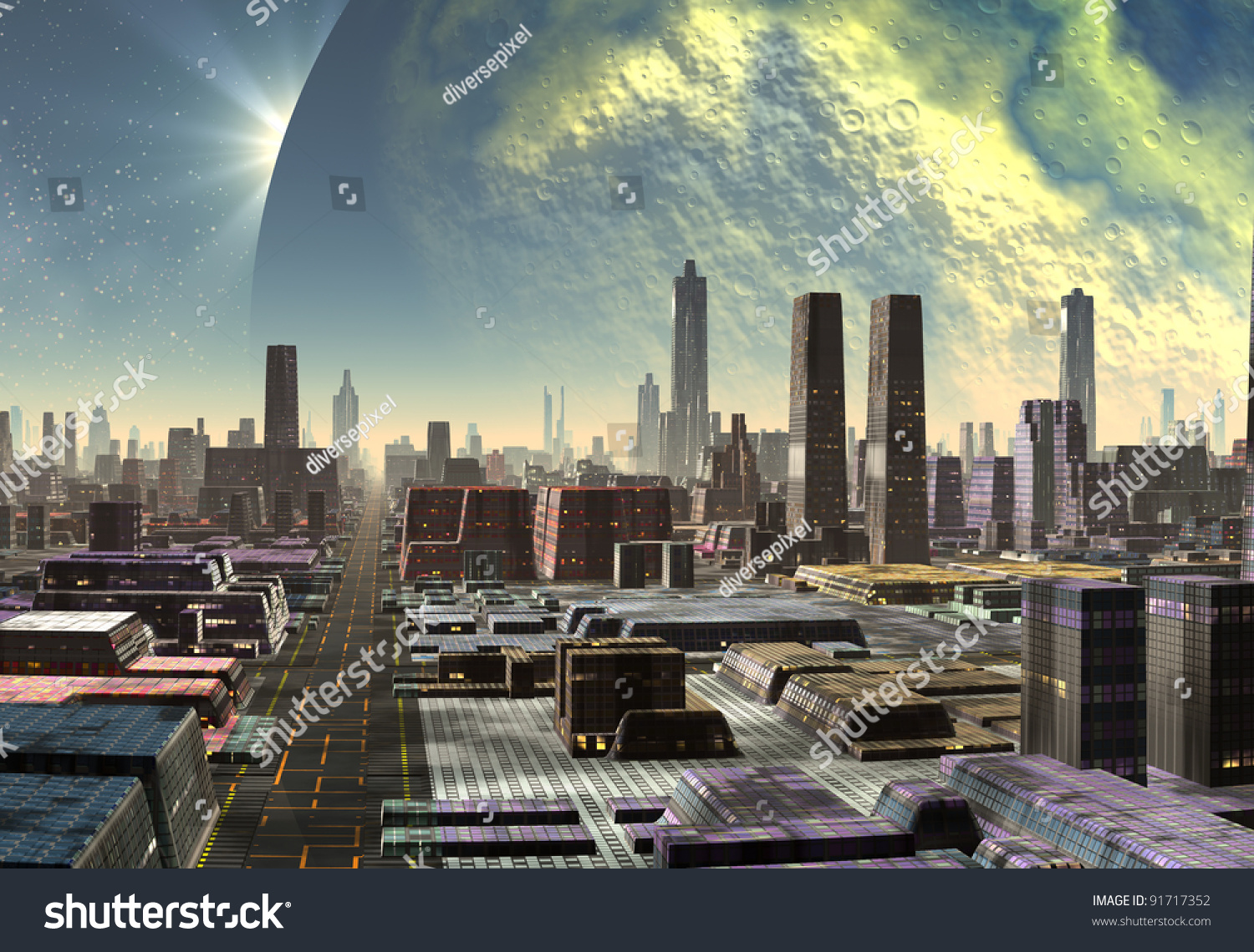 Alien City Fantasy City Skyline On Stock Illustration Royalty Free