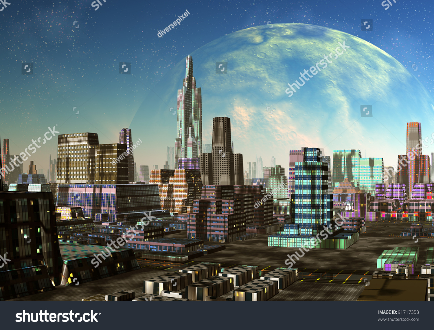 Alien City Fantasy City Skyline On Stock Illustration Royalty Free