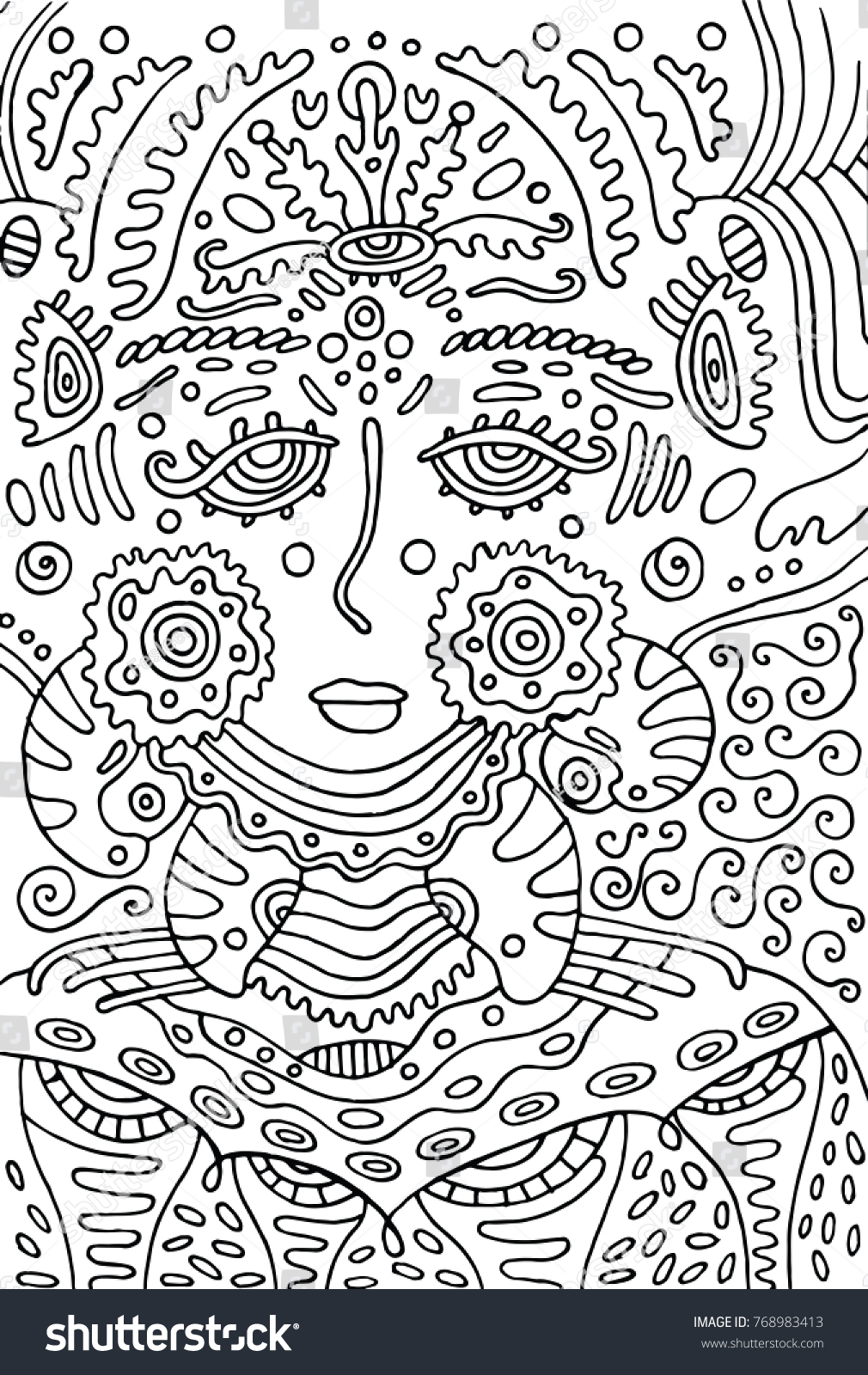 Alien goddess girl Doodle coloring page for adults Raster illustration