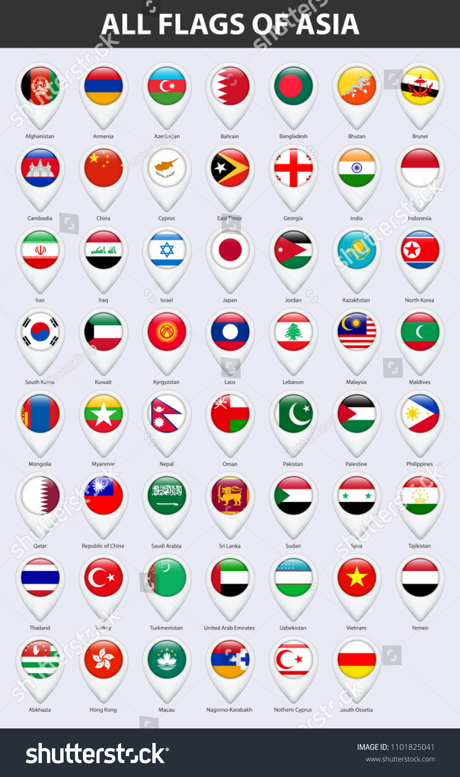 All Flags Countries Asia Pin Map Stock Illustration 1101825041 