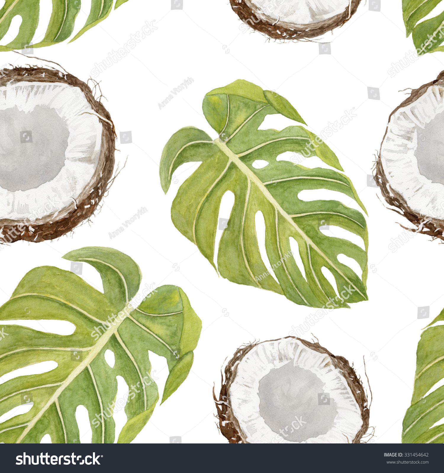 アロハハワイのイラスト ヤシの葉の水彩 ココナツとヤシの葉を使った水彩のシームレスな模様 のイラスト素材