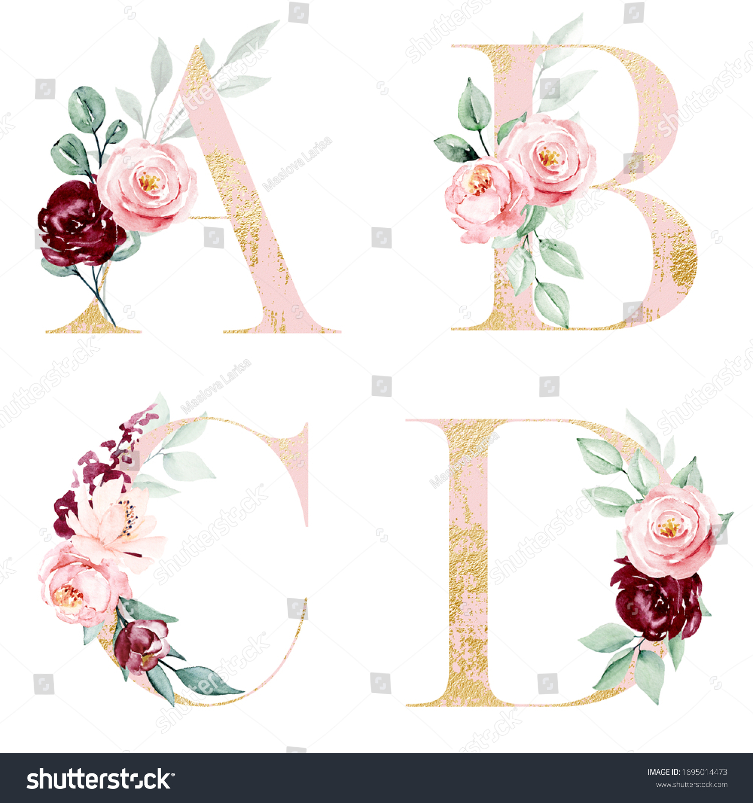 Alphabet Floral Letters Set Watercolor Painting Stock Illustration