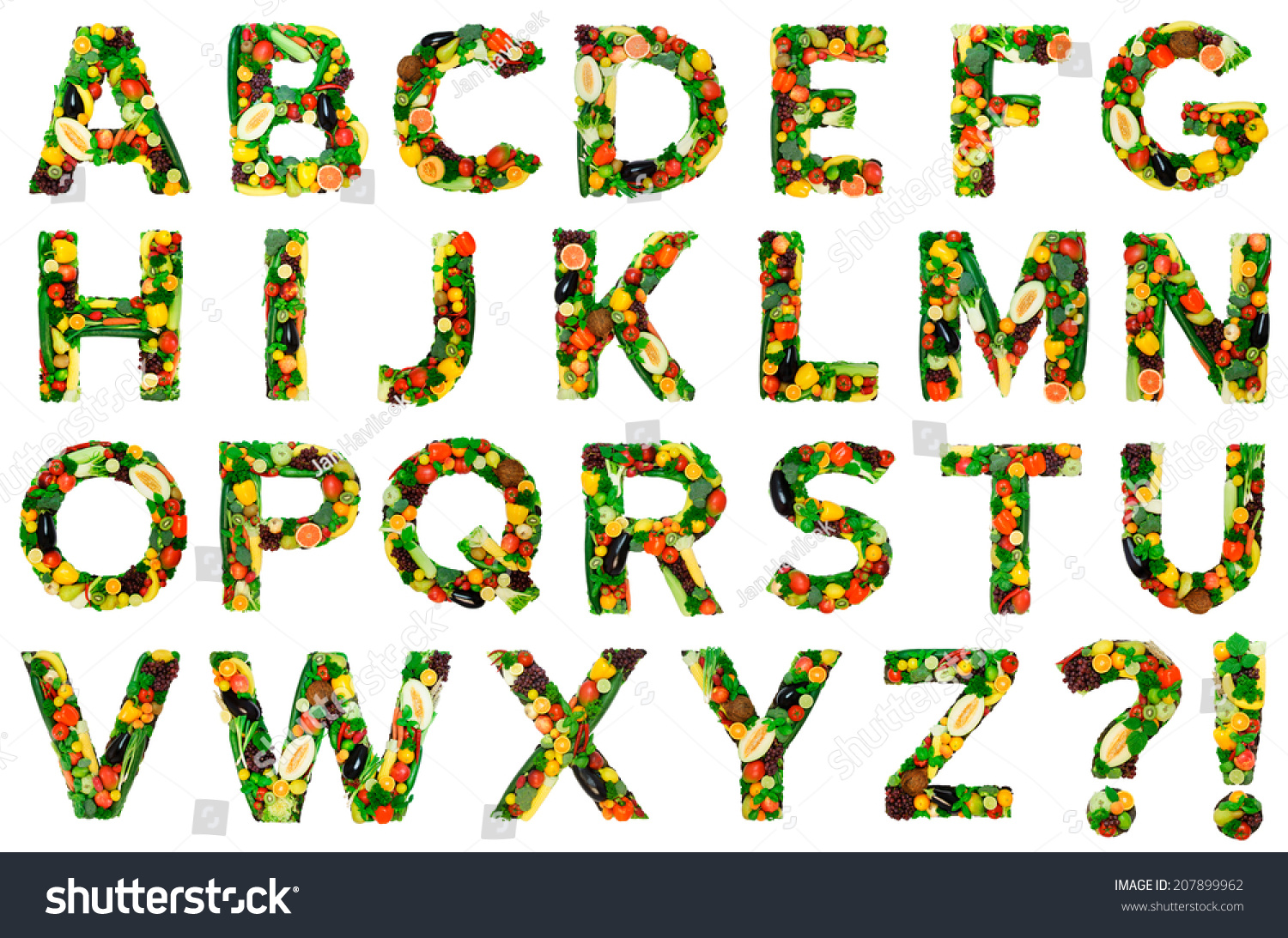 Alphabet Fresh Vegetables Fruits Isolated On Stock Photo 207899962 