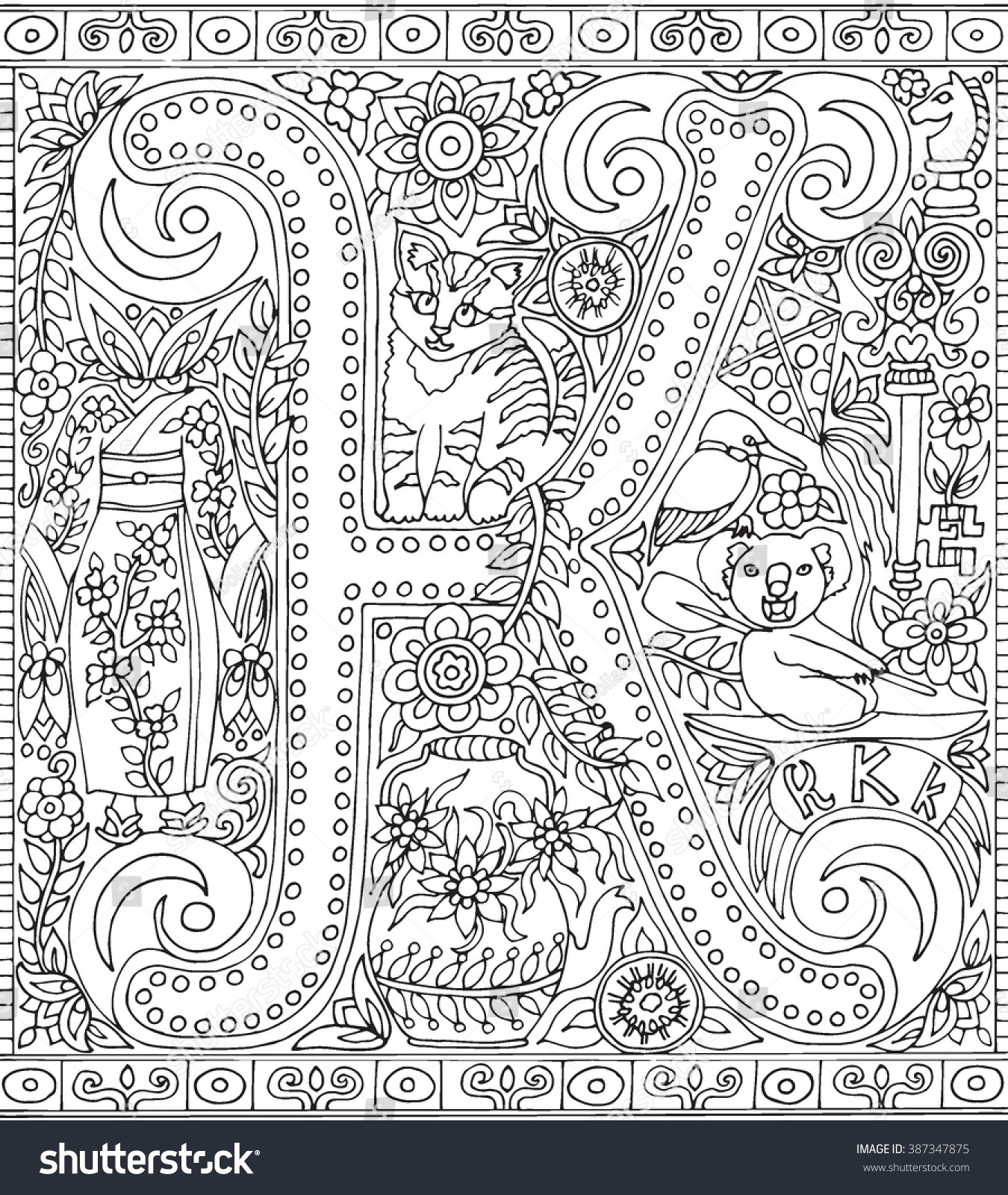 Alphabet Letter K Adult Coloring Book Stock Illustration 387347875