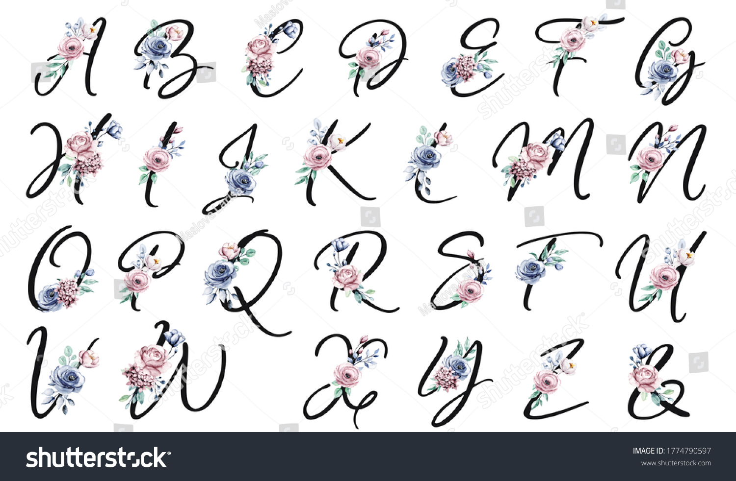Alphabet Letters Watercolor Flowers Leaf Hand Stock Illustration 1774790597