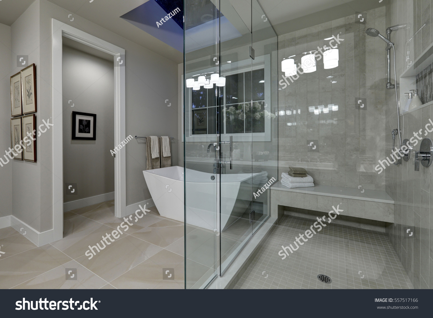 Amazing Gray Master Bathroom Large Glass Stock Photo Edit