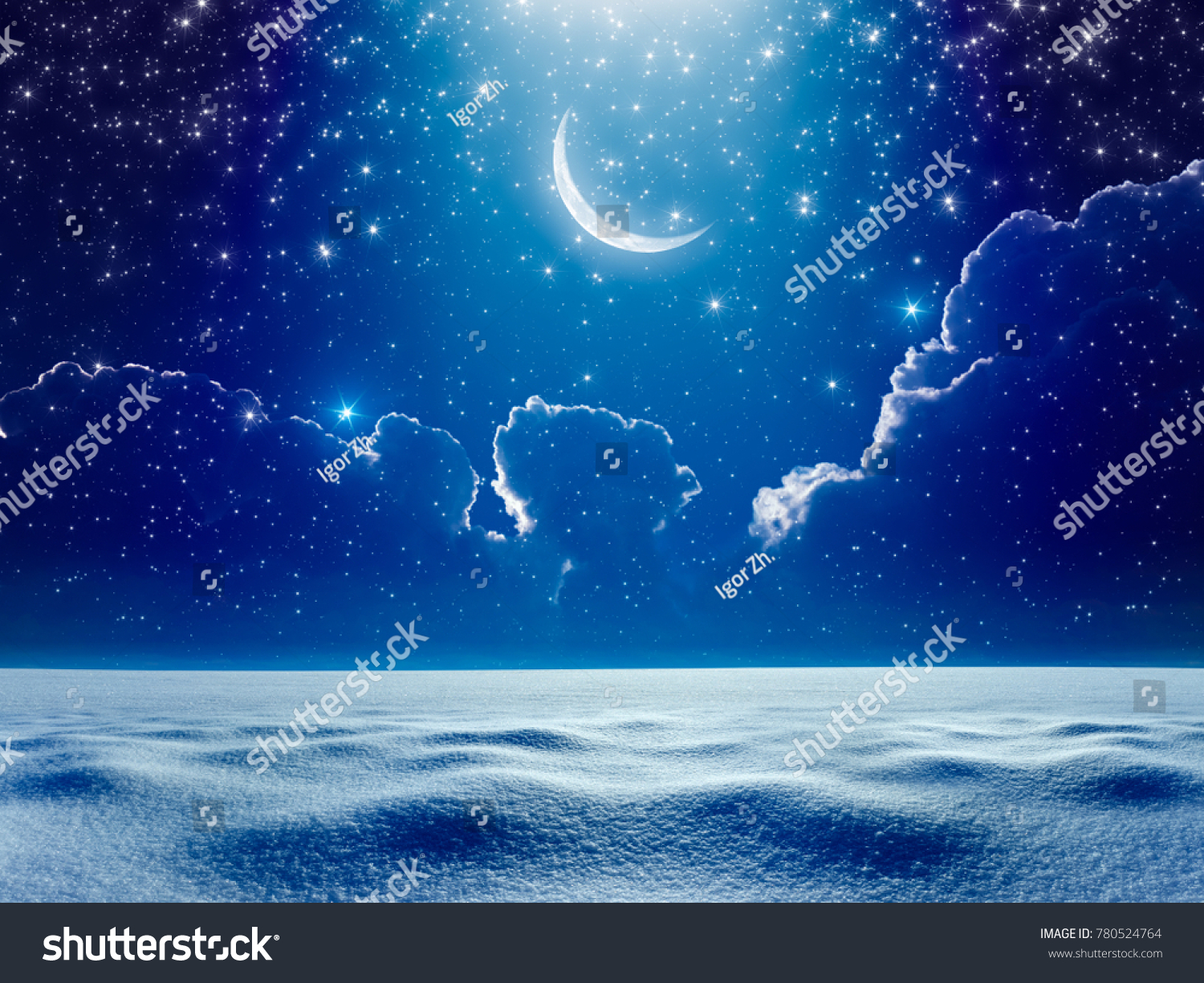 素晴らしい冬の背景 雪の多い野原の上の暗い青い夜の星空の三日月 寒い冬の天気 空から明るい青のスポットライト Nasaが提供するこの画像のエレメント の写真素材 今すぐ編集