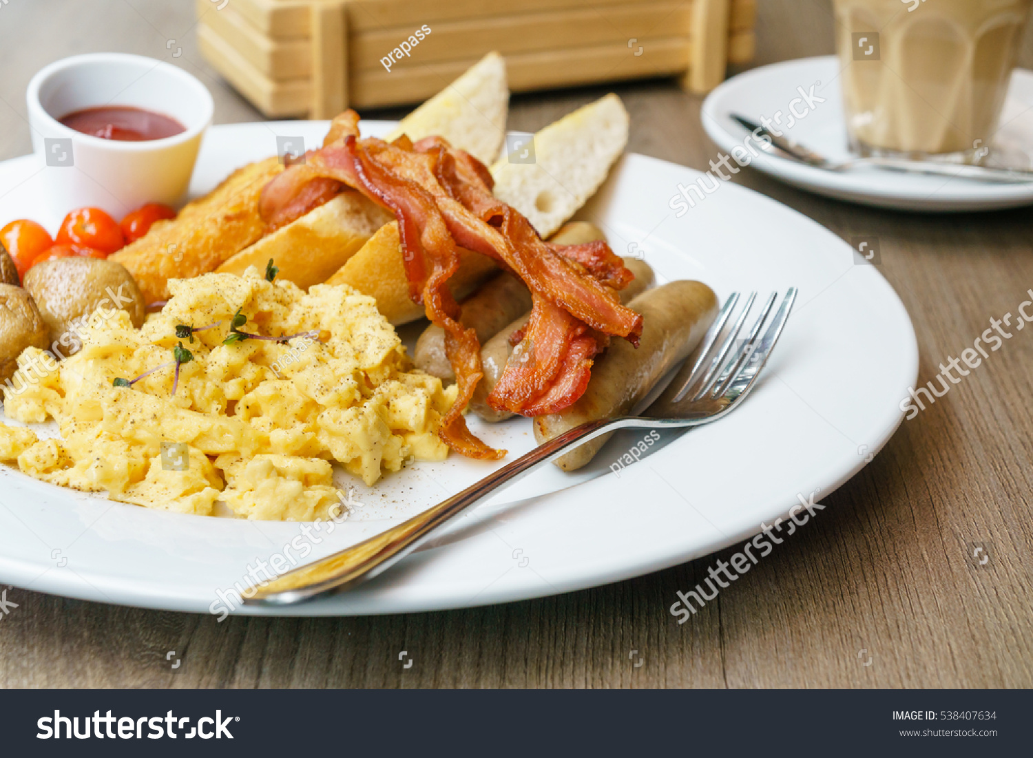 American Breakfast Sausage Bacon Scrambled Eggs Stock Photo Edit Now