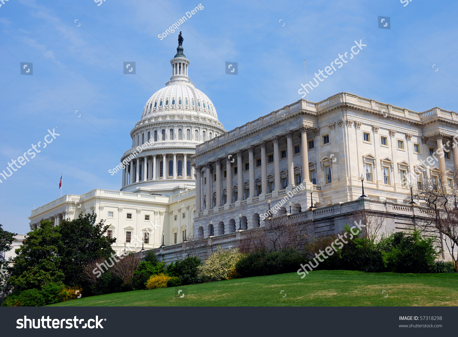 American Capitol Hill Building With Tree And Blue Sky, Washington Dc ...