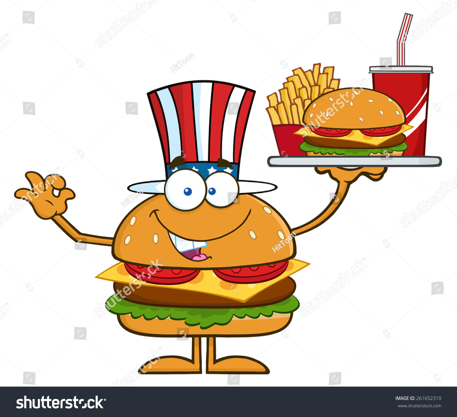 American Hamburger Cartoon Character Holding Platter のイラスト素材