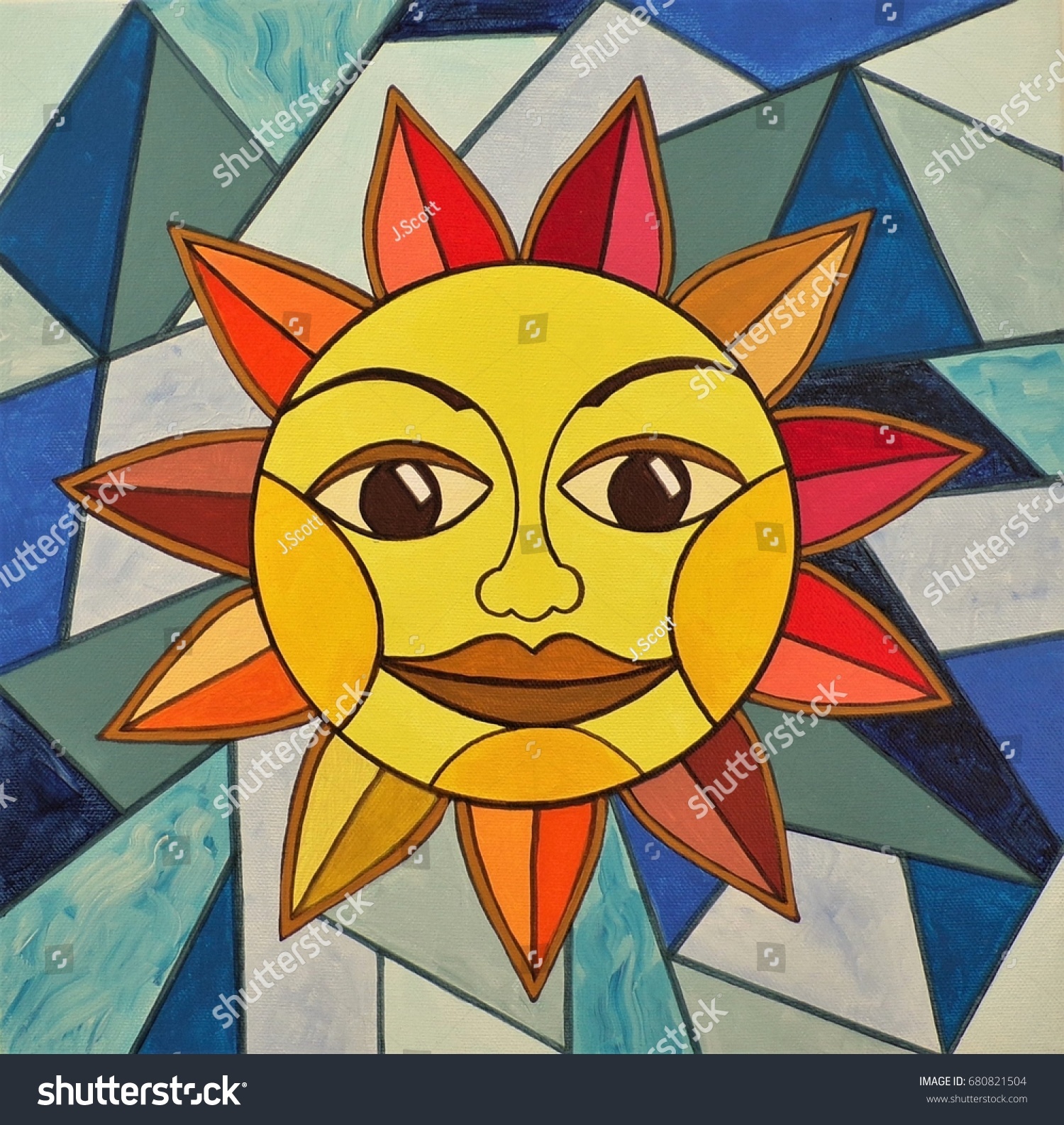 Acrylic Painting Sun Face Surrounded By Stock Illustration