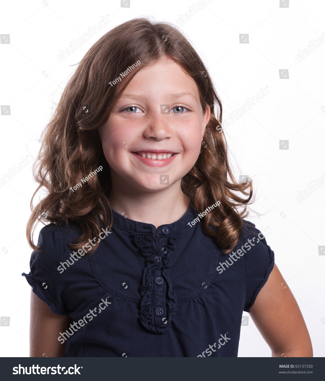 Adorable Little Girl Curly Hair Blue Stock Photo 65137330