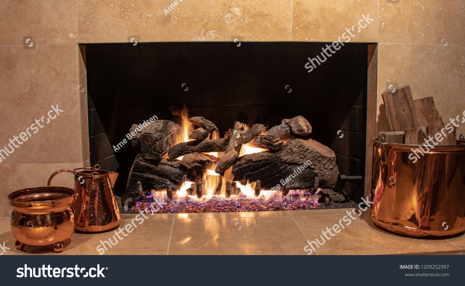 Elegant Gas Fireplace Encased Marble Accompanying Stock Photo