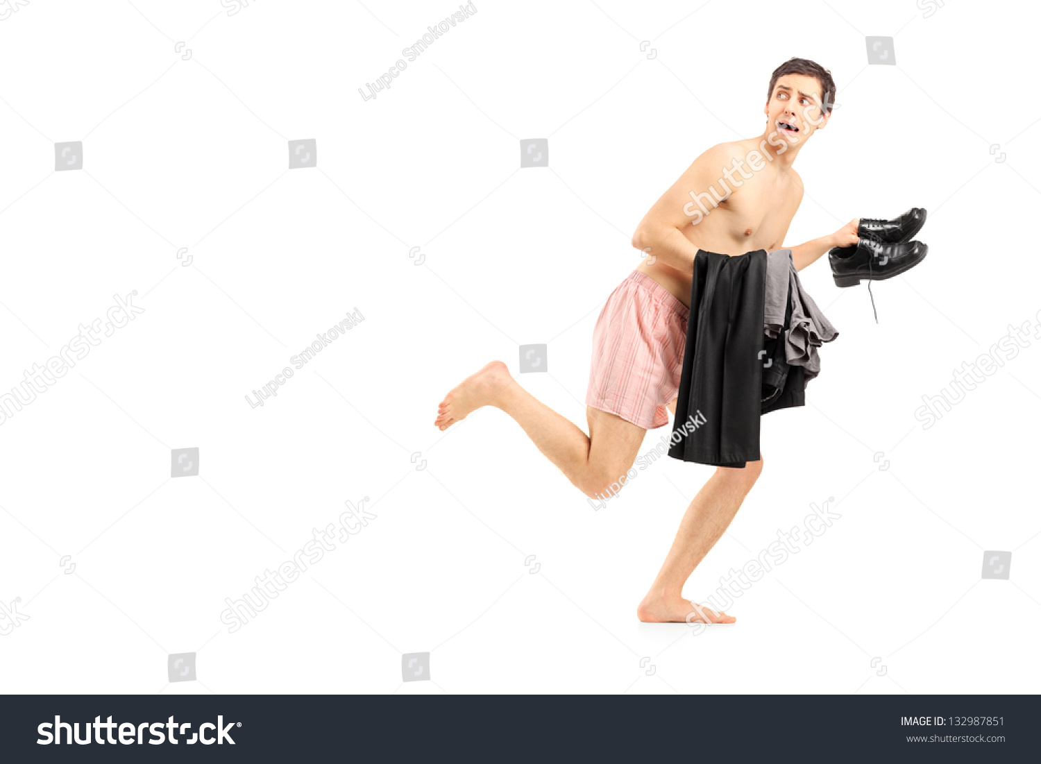 Embarrassed Naked Man Underwear Holding His Stock Photo Shutterstock