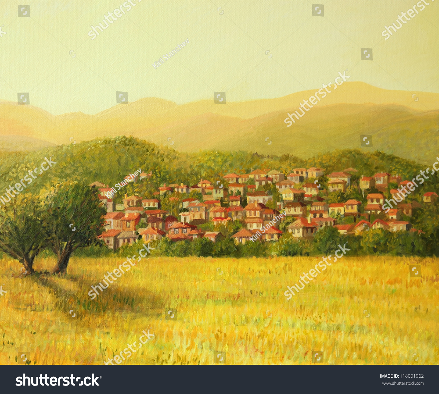 An Oil Painting On Canvas Of A Golden Rural Sunset Scene With A Small ...