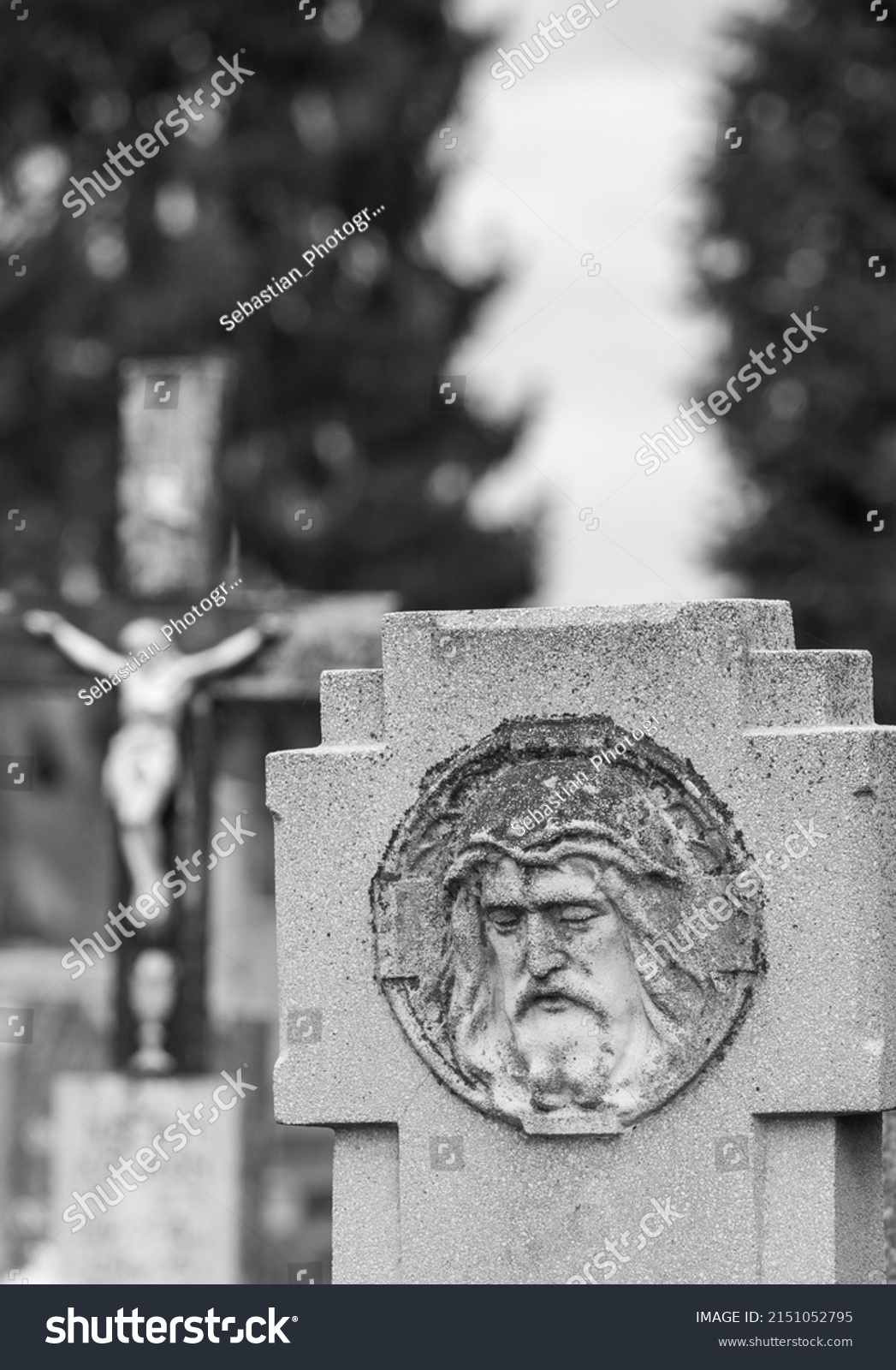 Old Sculpture Representing Jesus Defocused Background Stock Photo