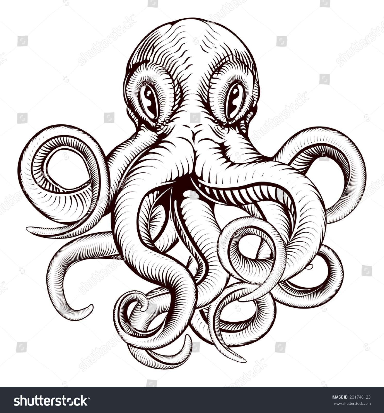 Original Illustration Octopus Dynamic Woodblock Style Stock ...