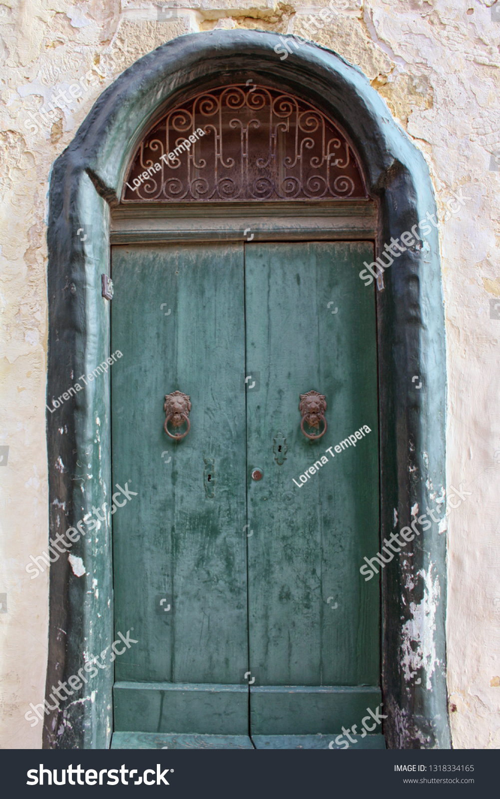 Ancient Green Door Lion Door Knockers Stock Photo Edit Now