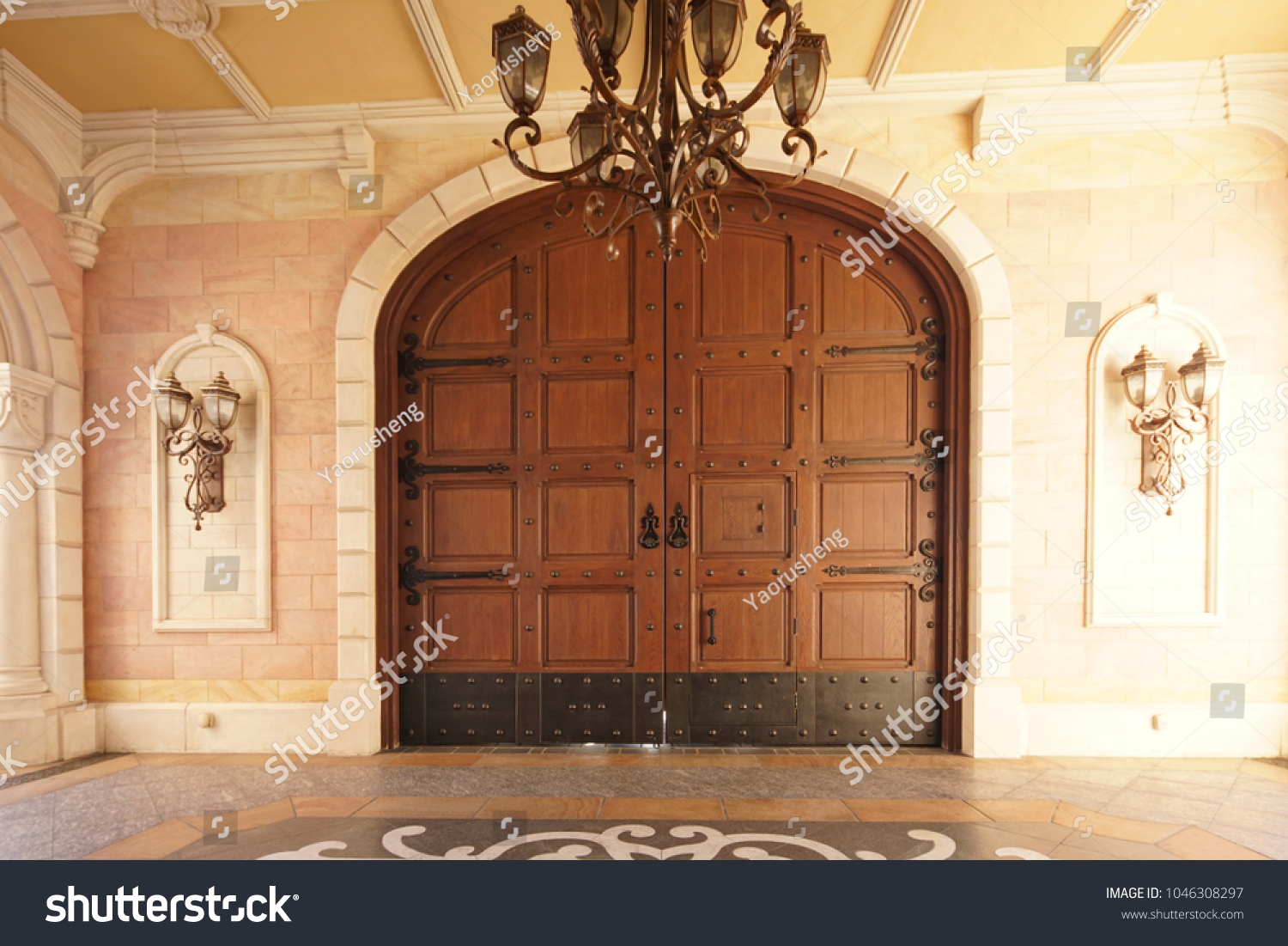 Ancient Style Wooden Arched Double Doors Stock Photo Edit