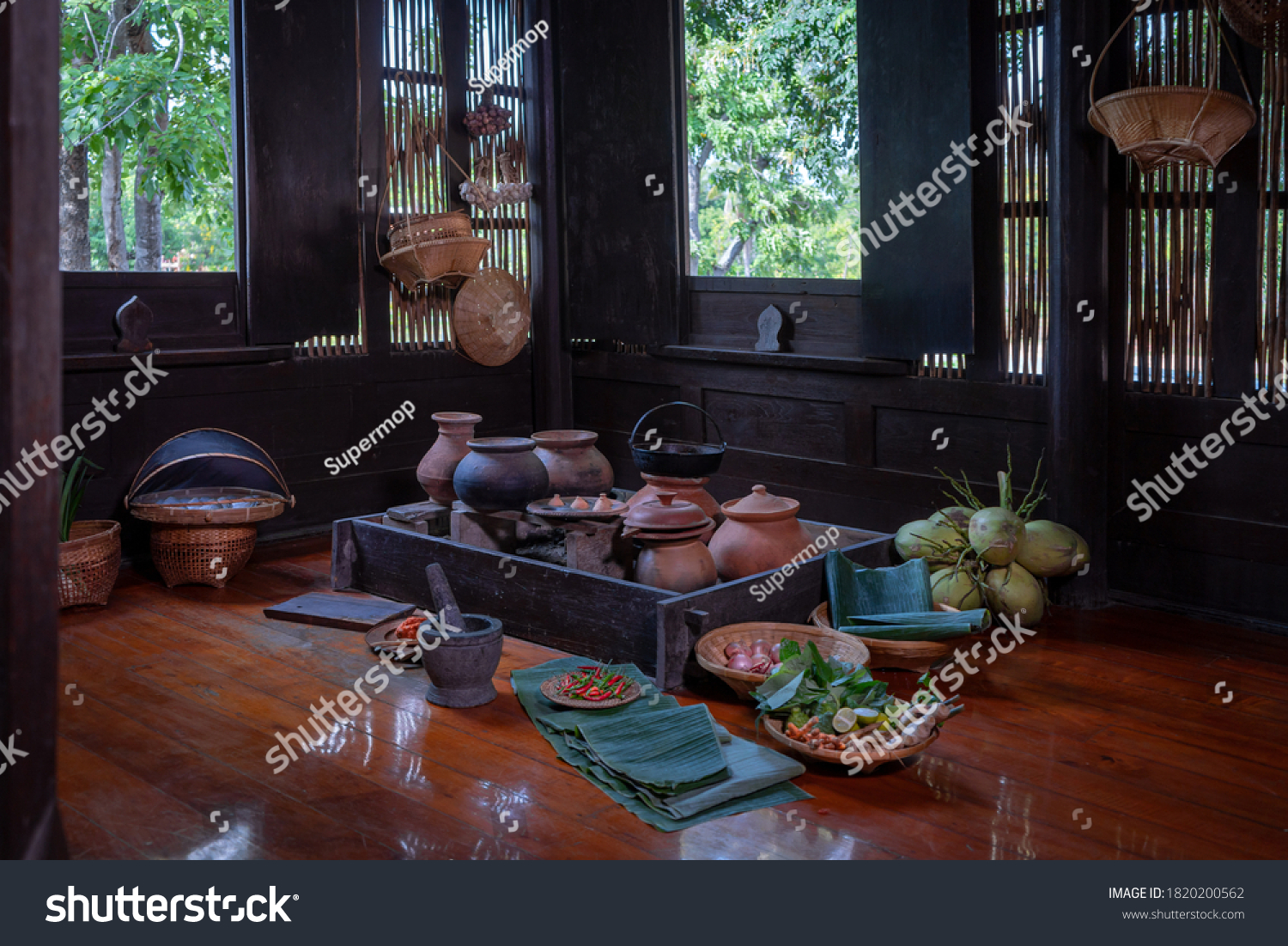 175 558 Kitchen Thai Images Stock Photos Vectors Shutterstock   Stock Photo Ancient Wooden Old Kitchen With Many Herbs For Cooking In Country House That Still Retain The 1820200562 