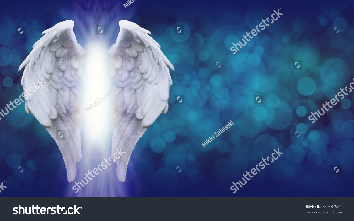 Angel Wings On Blue Bokeh Banner - Wide Blue Bokeh Background With A ...