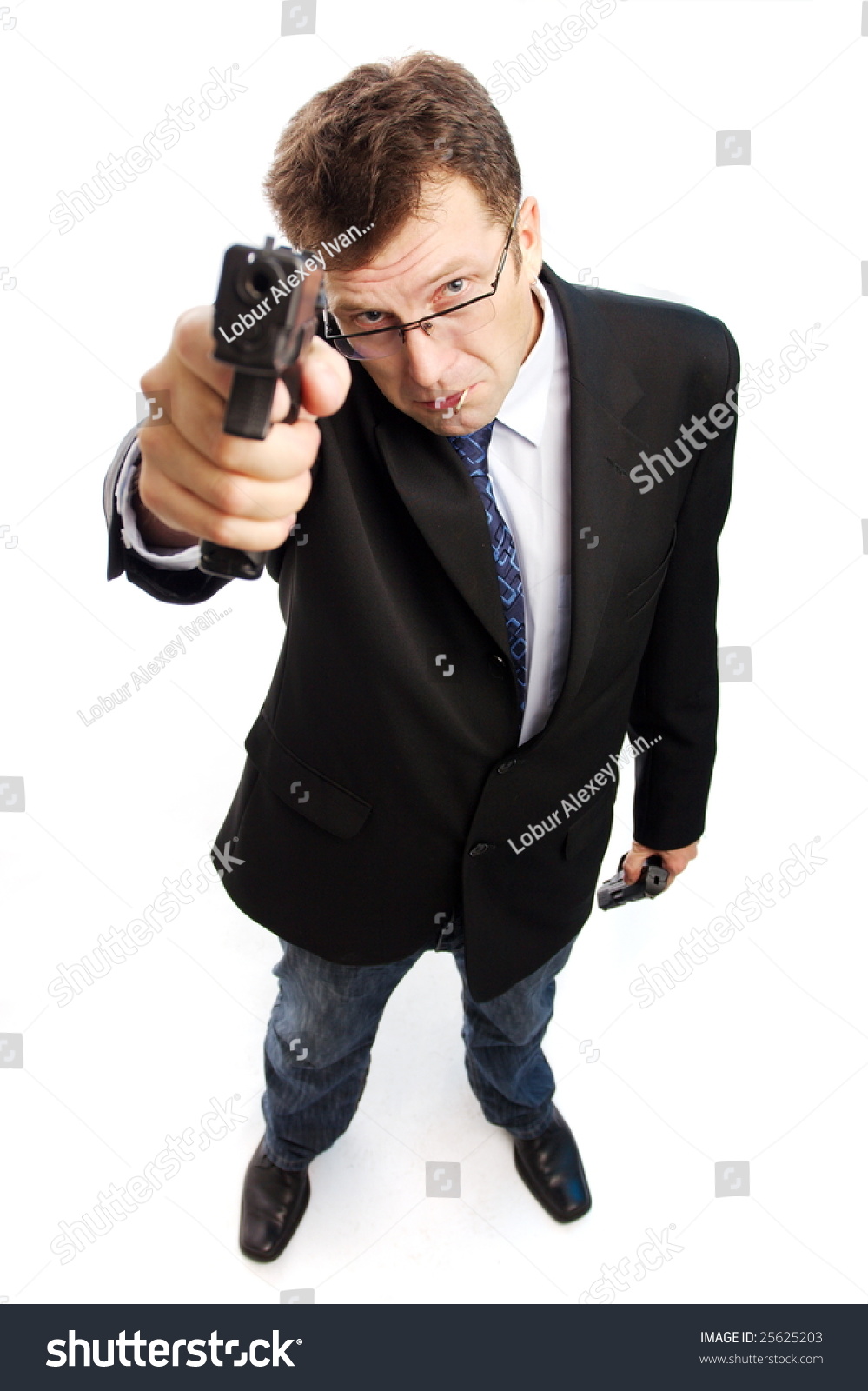 Angry Criminal Businessman Point Guns Up On Camera Standing In Full ...