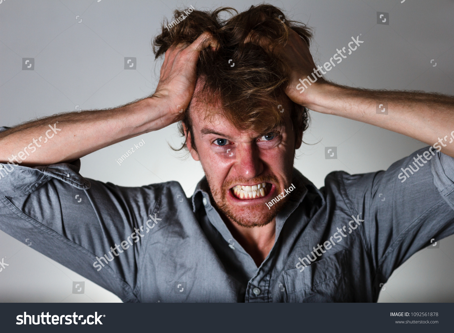 Angry Man Pulling Hair Clenched Teeth Stock Photo 1092561878 | Shutterstock