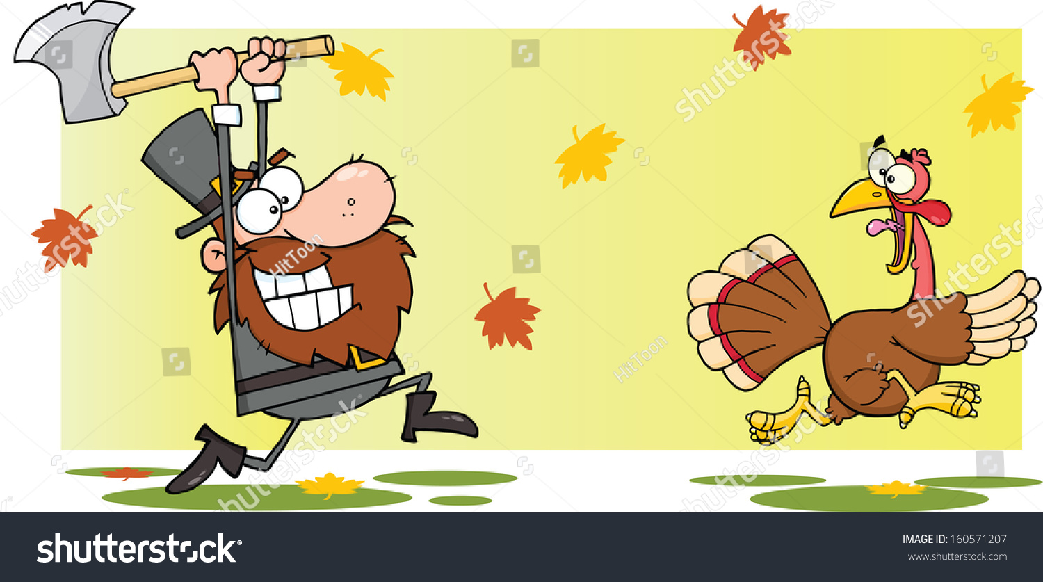 Angry Pilgrim Man Chasing With Axe A Turkey. Raster Illustration ...