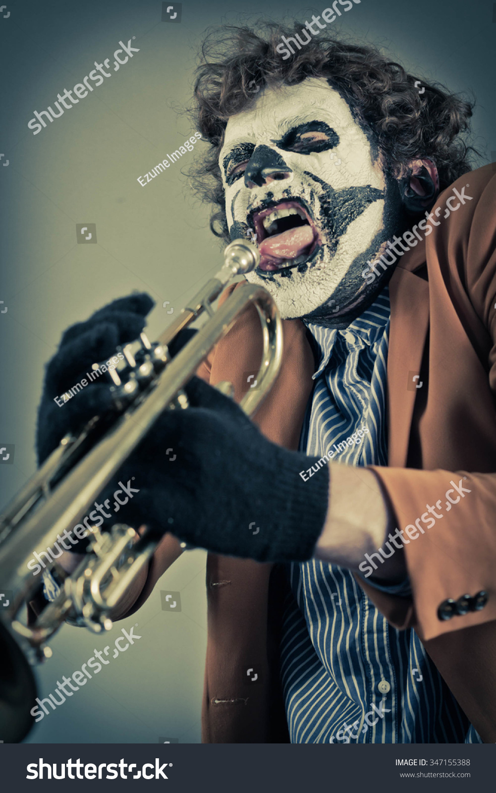 Angry Trumpet Player Face Painted Human Stock Photo 347155388