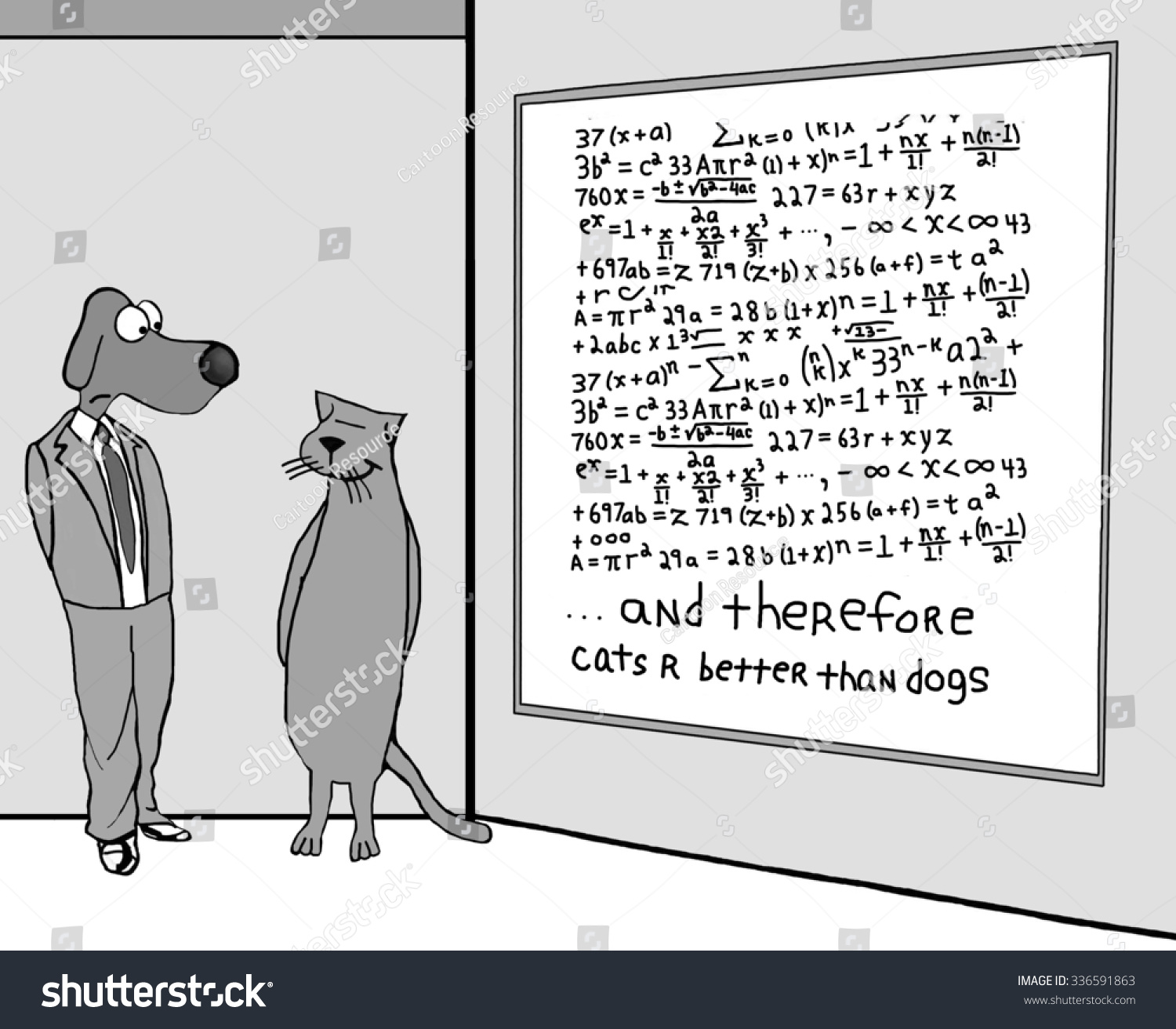 Animal Education And Business Cartoon Of A Dog Cat And Whiteboard Filled With Complex Animal Education And Business Cartoon Of A Dog Cat And Whiteboard Filled With Complex