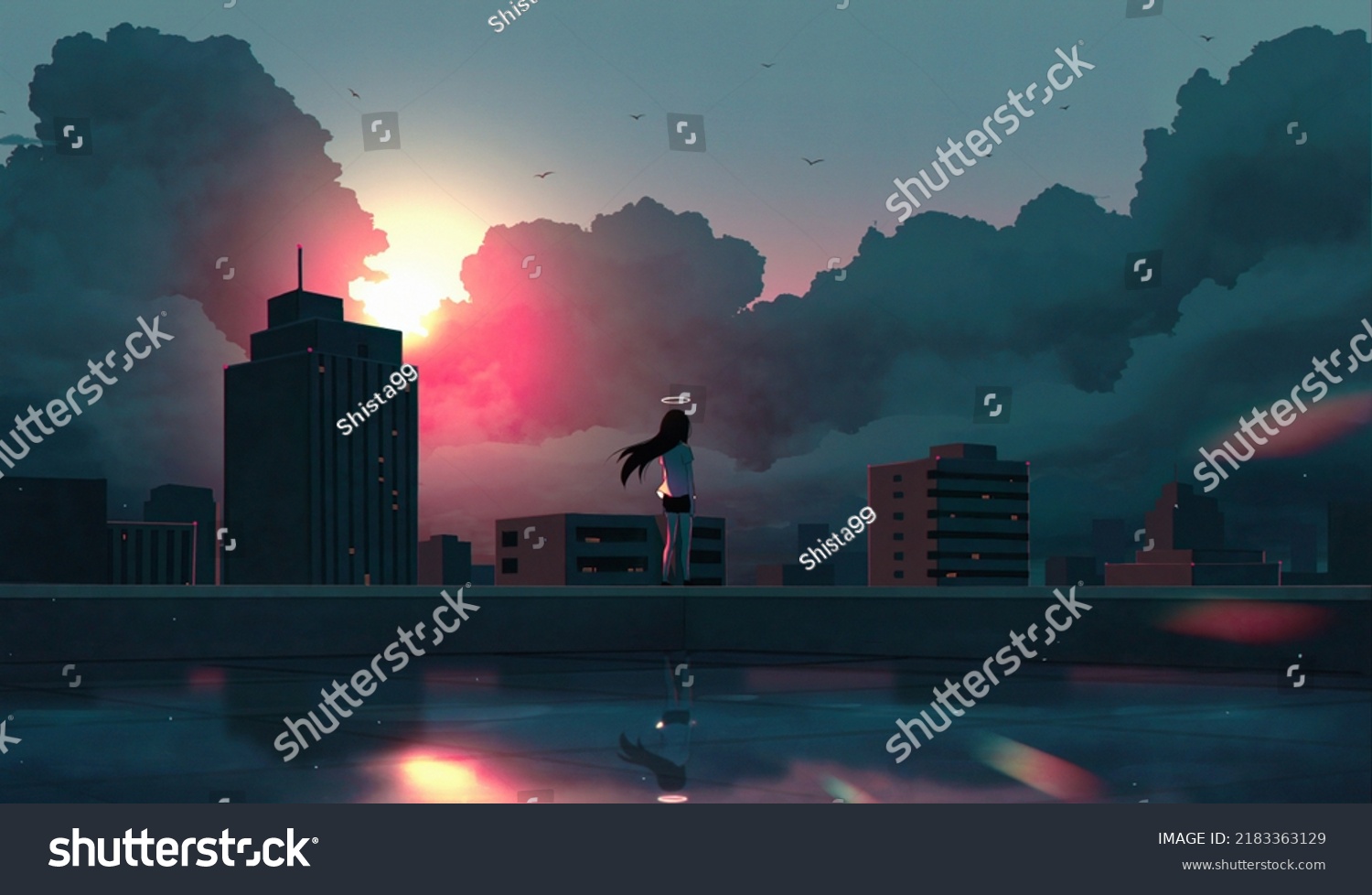 Anime Girl Watching Sunset Fantasy Digital Stock Illustration