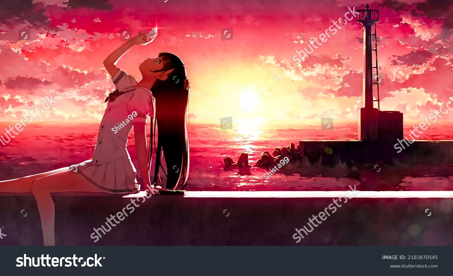 Anime Girl Watching Sunset Fantasy Digital Stock Illustration ...