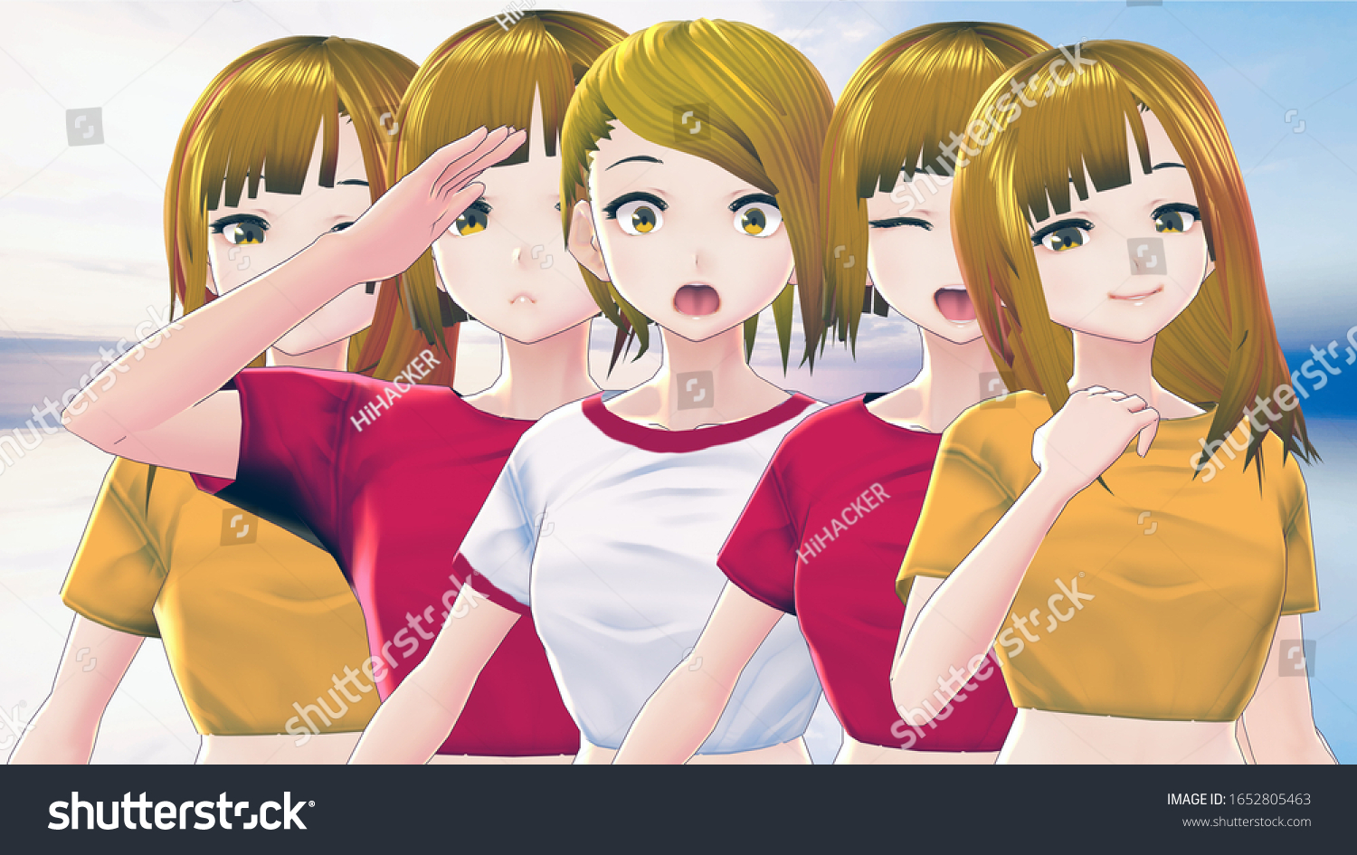 Anime Girls Cartoon Characters Blonde Hair Stock Illustration