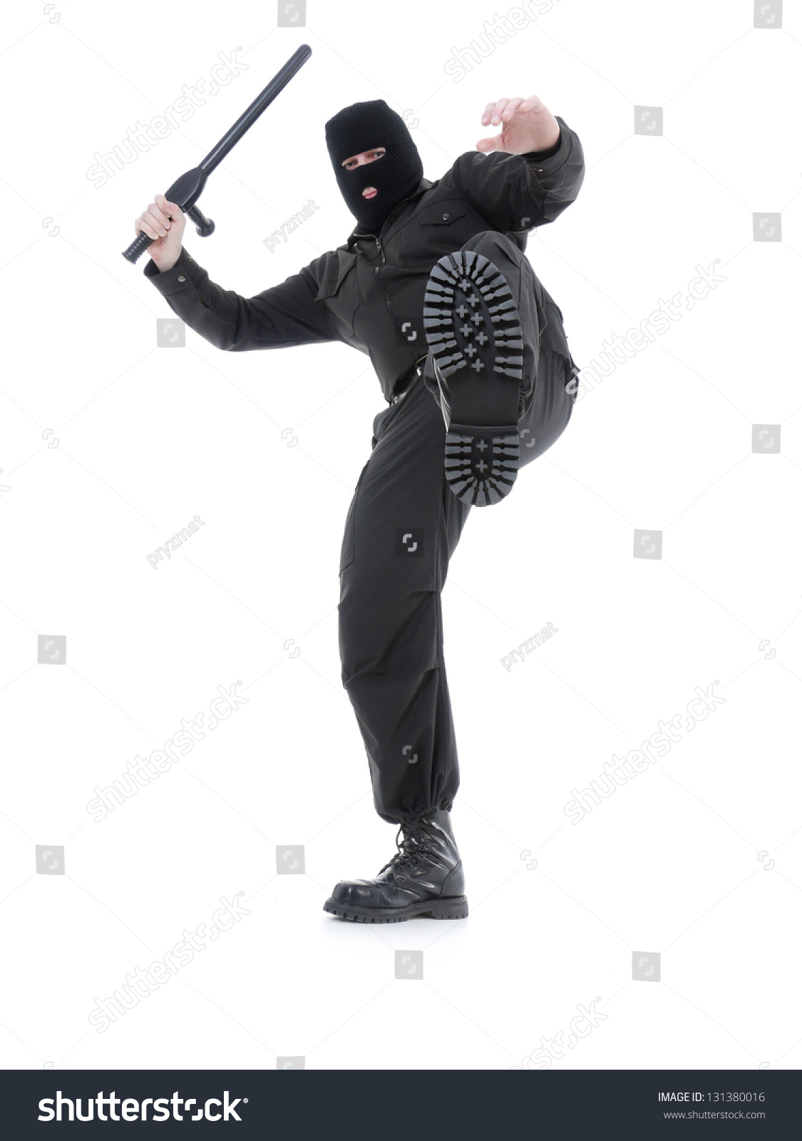 Anti-Terrorist Police Guy Wearing Black Uniform And Black Mask Making A ...