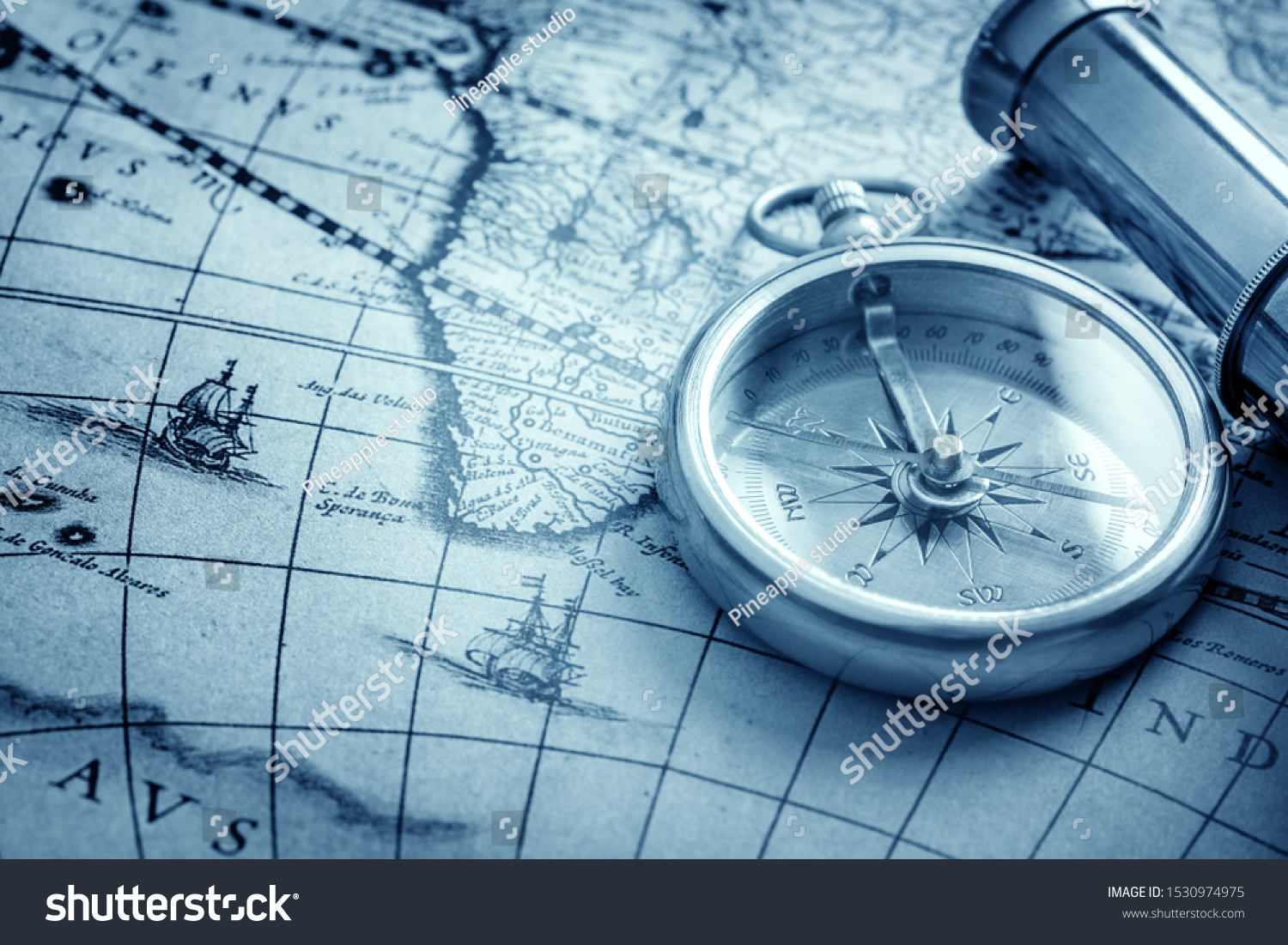 Antique Compass On Ancient Map By Stock Photo 1530974975 | Shutterstock