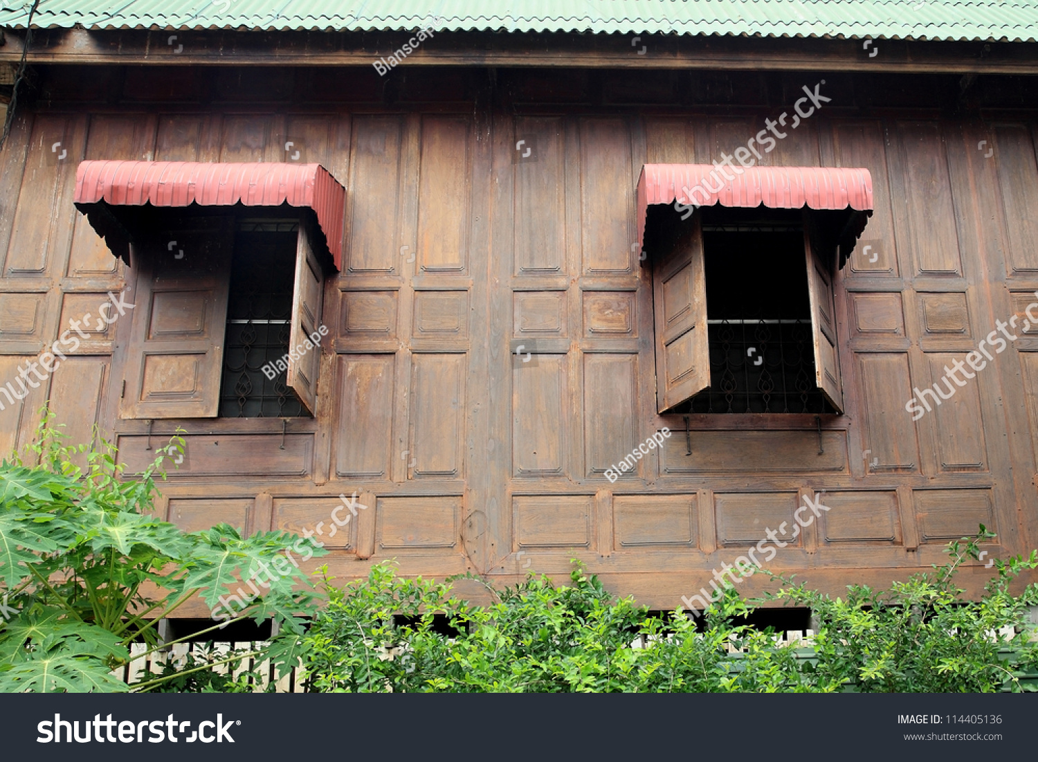 Antique Wooden Wall Windows Red Awning Stock Photo Edit Now