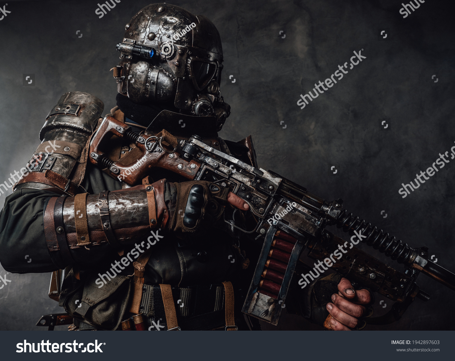 Apocalyptic Armoured Hunter Riffle Dark Background Stock Photo ...