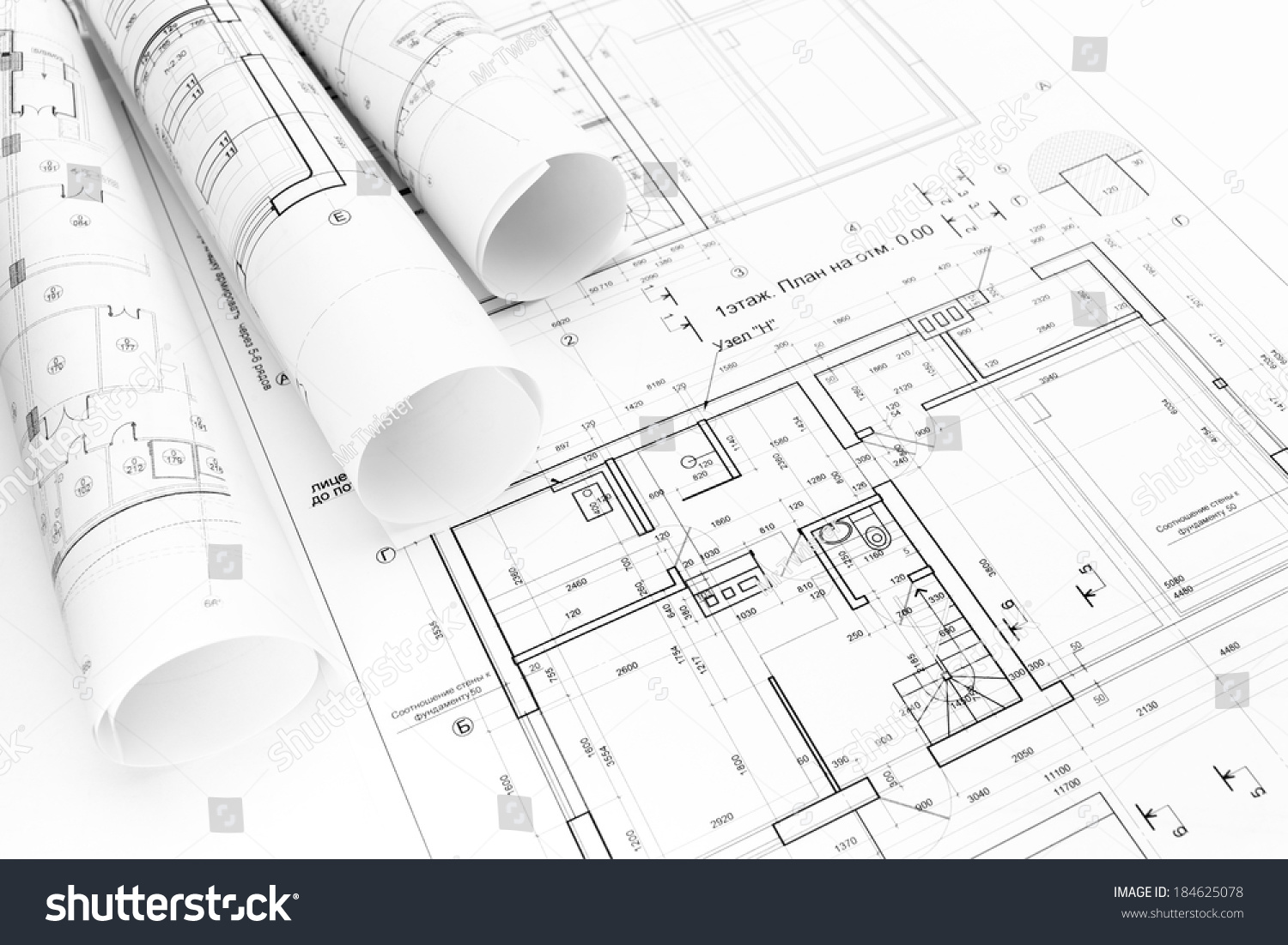 Architect'S Workspace With Rolled Building Plans And Blueprints Stock ...