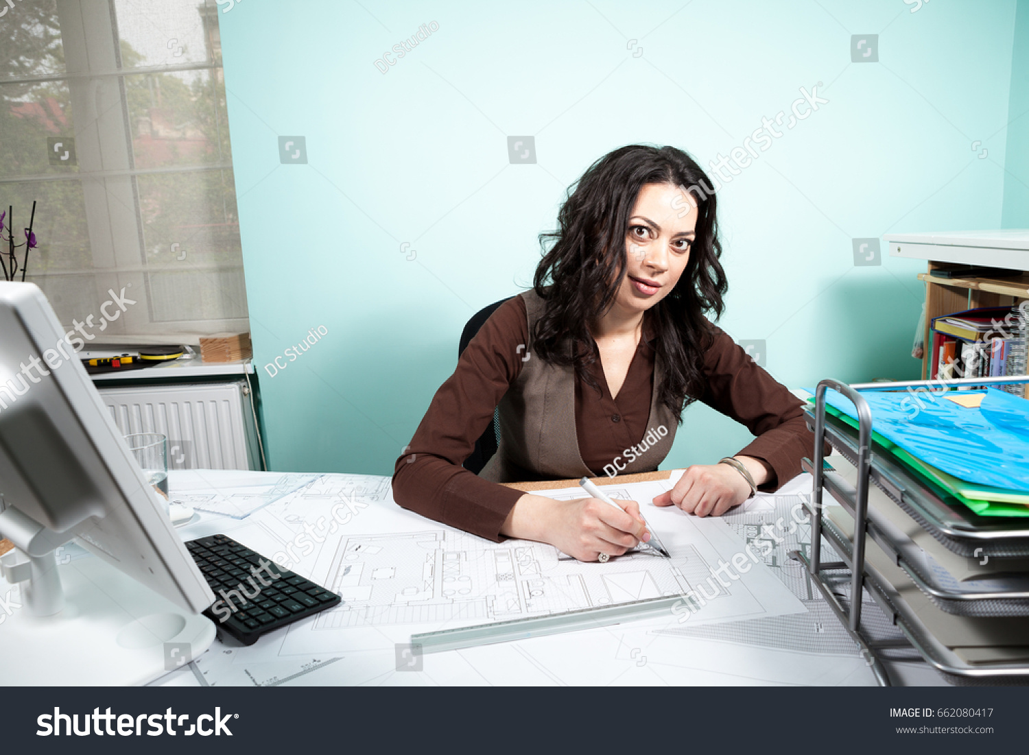 Architect Woman Her Working Desk Blueprints Royalty Free Stock Image