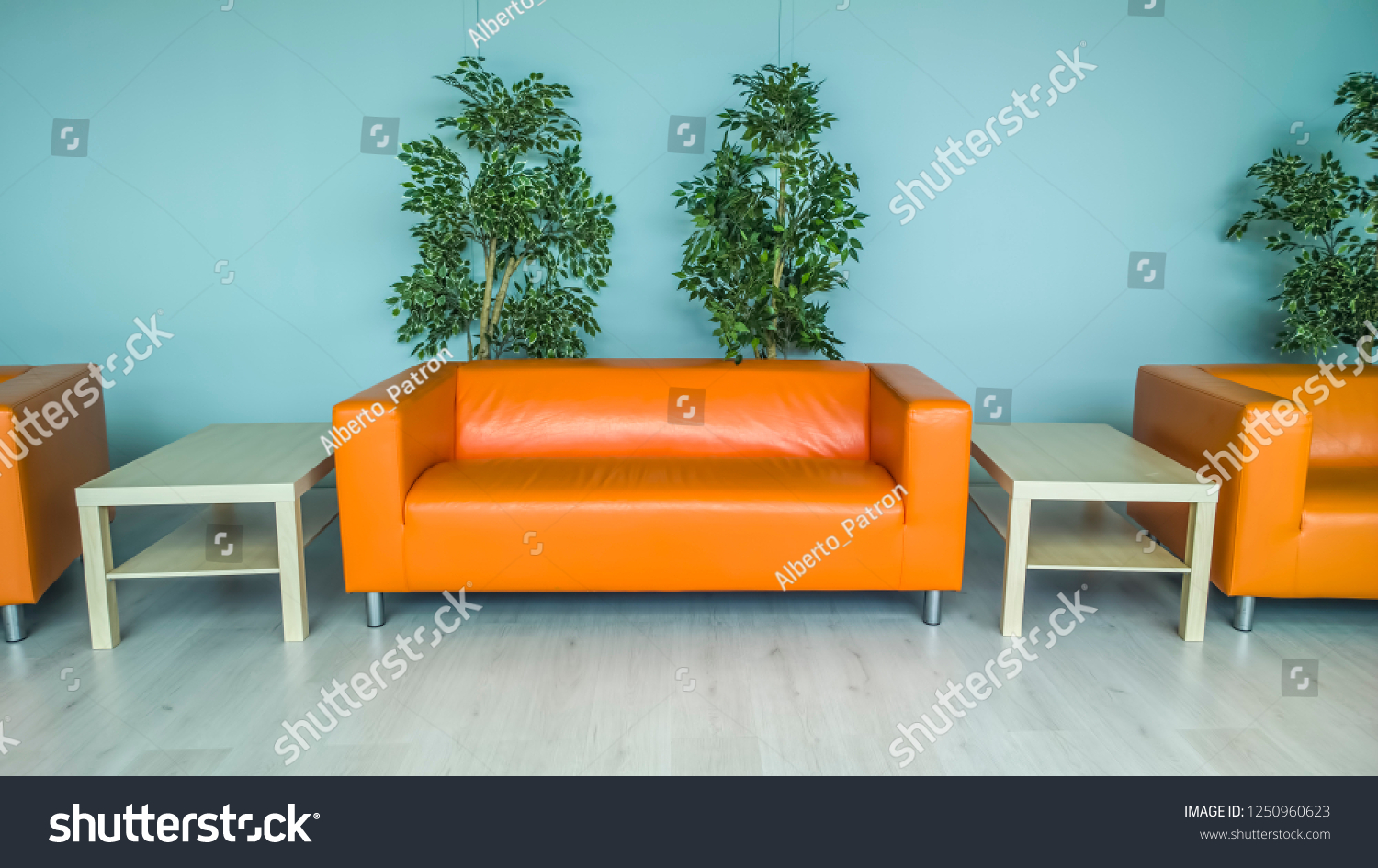 Architectural Orange Sofa Green Plants Light Stock Photo