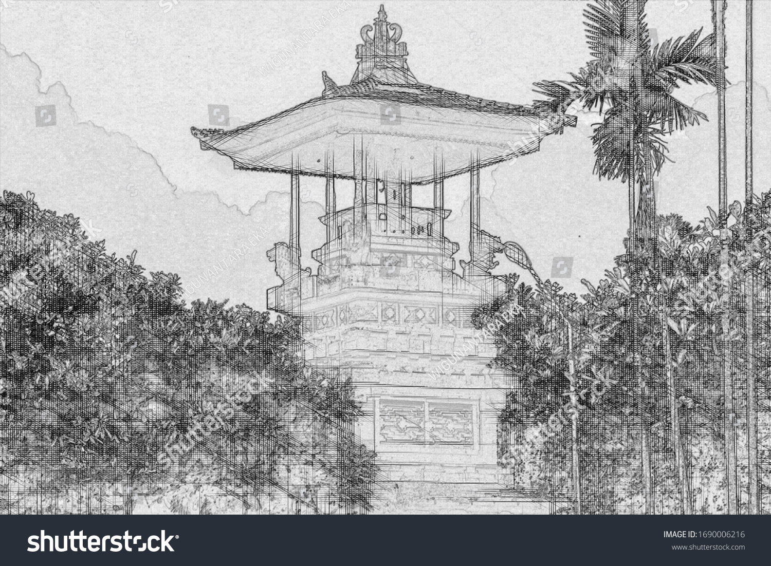 Architecture Sketch Bale Kulkul Bali Stock Illustration 1690006216 ...