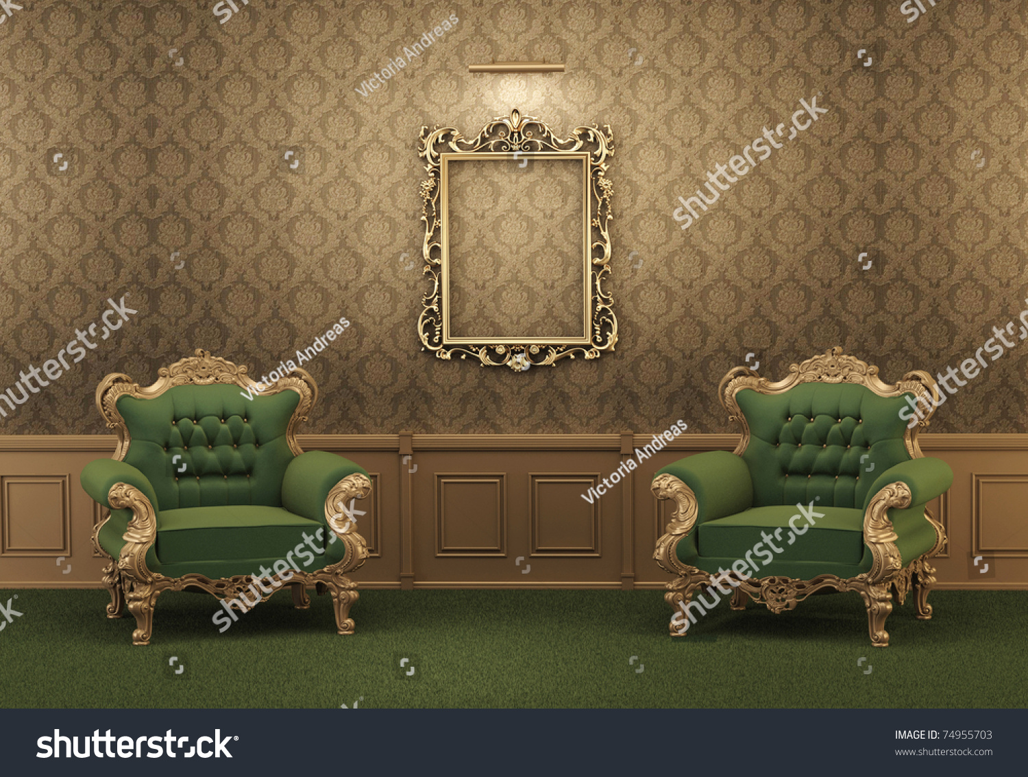 Armchairs Empty Golden Frame On Wall Stock Illustration 74955703