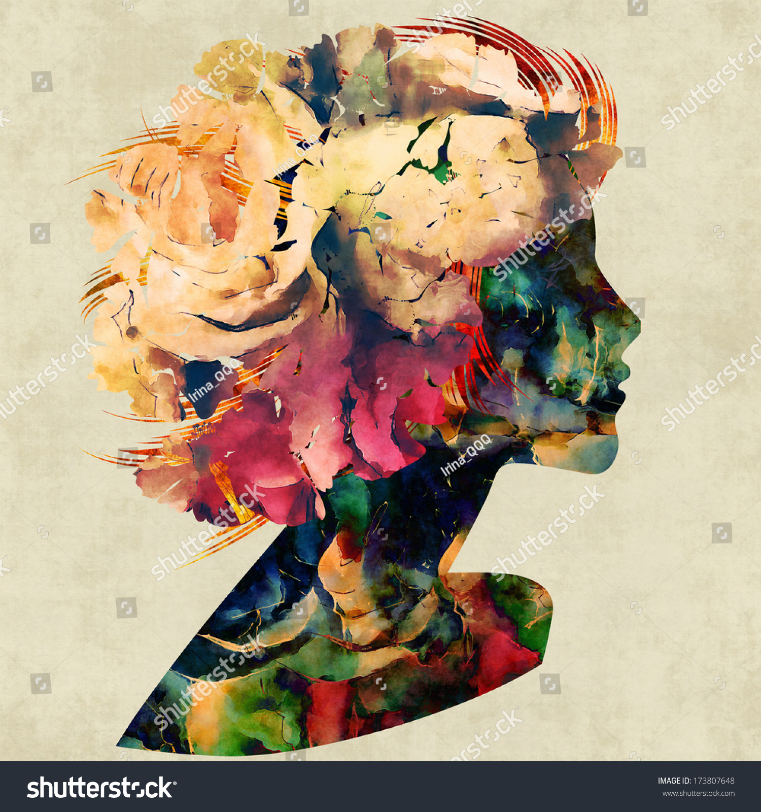 Art Colorful Floral Silhouette Profile Of Beautiful Girl With Floral ...