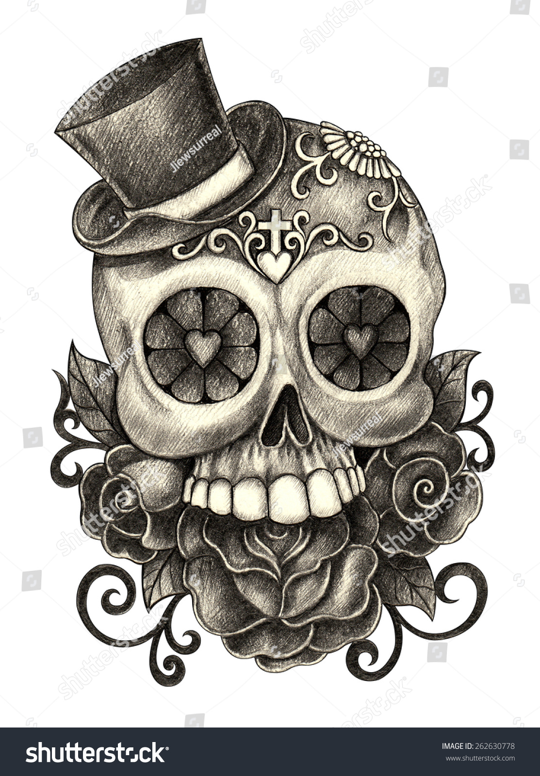 Art Skull Day Of The Dead. Hand Pencil Drawing On Paper. Stock Photo ...