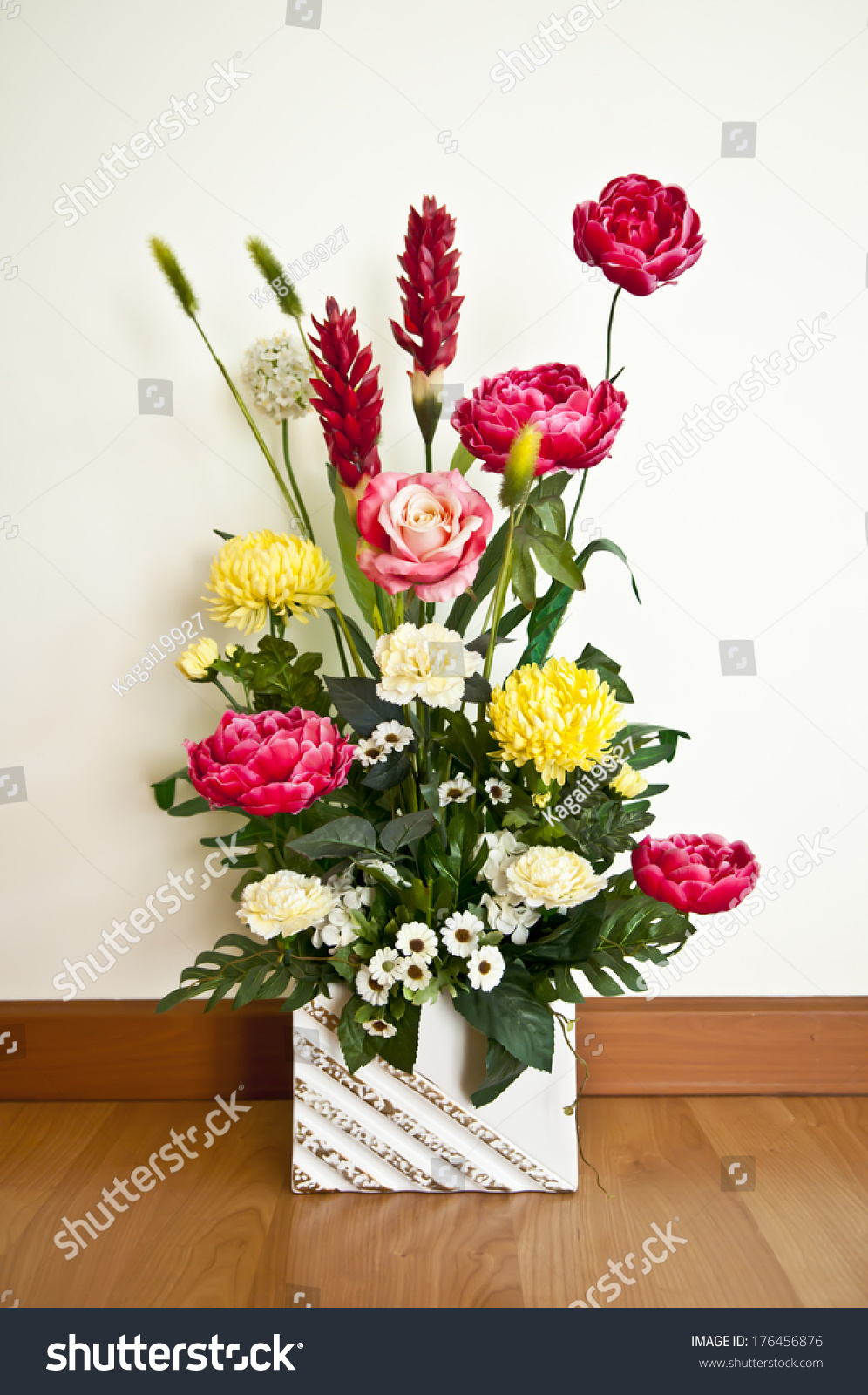 Artificial Flowers Vase On Wooden Floor Stock Photo Edit Now