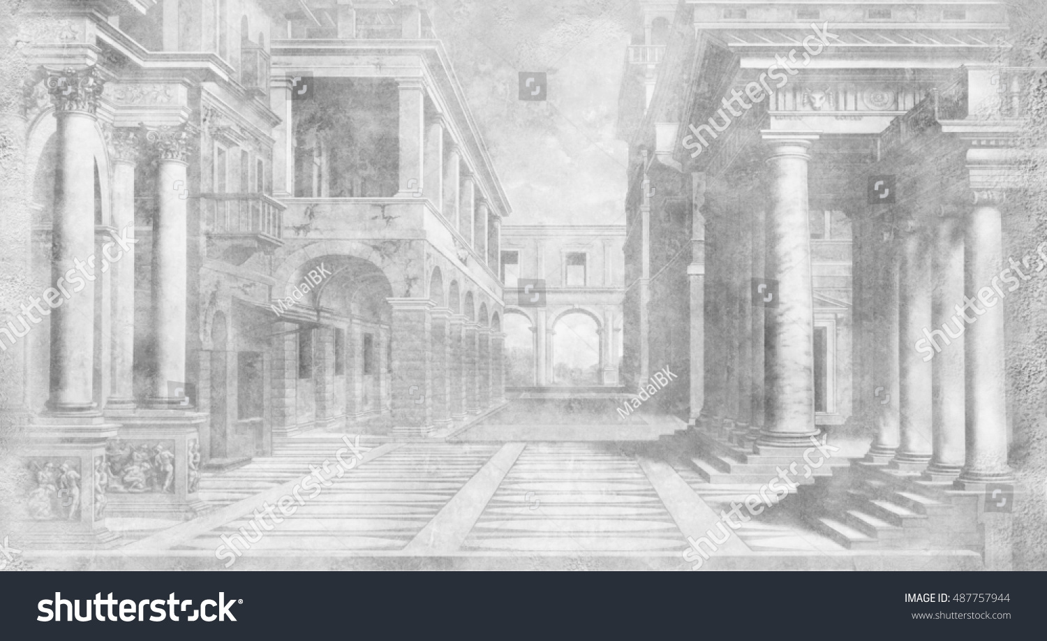 Artistic Illustration Showing Courtyard Ancient Rome Stock Illustration ...