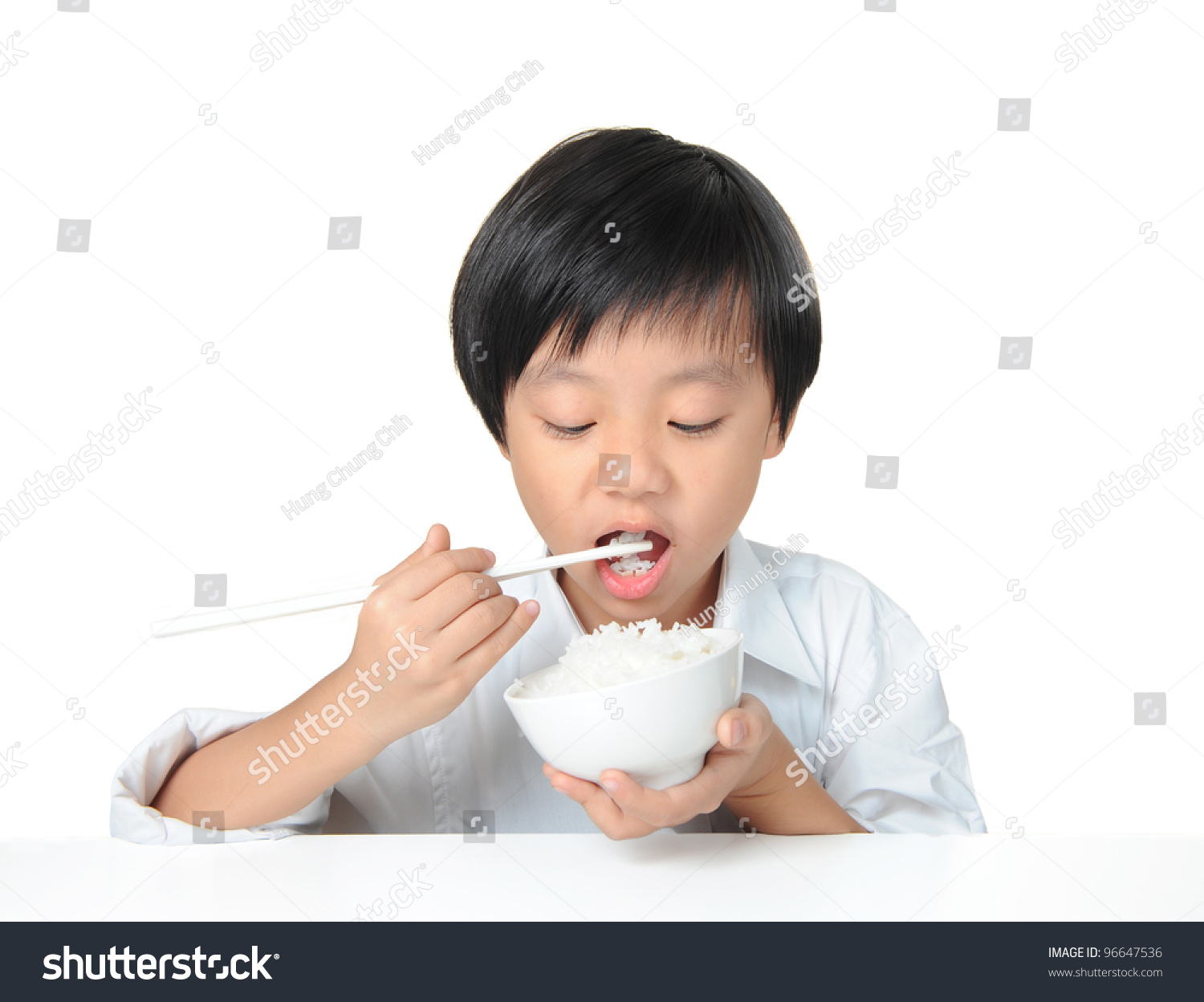 Asian Boy Eating White Rice Chopsticks Stock Photo 